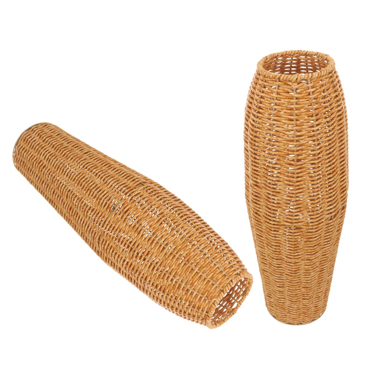 DOITOOL Jarrón Decorativo de Suelo de Imitación Ratán de Plástico Resistente, Diseño Tejido Rústico, 2 Piezas, para Sala de Estar y Oficina, Floreros Altos Artificiales y Secos