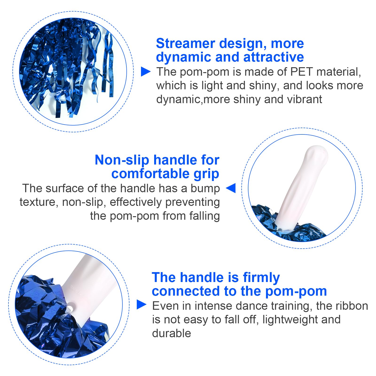 Pompons Pom-pom Girl, 2 Pièces Pompom Girl Pompom Poms avec Chaussettes et Gomme pour Cheerleading, Pompom Girls avec Poignées, Poms Cheer Poms pour Cheerleading et Gymnastique (Bleu)