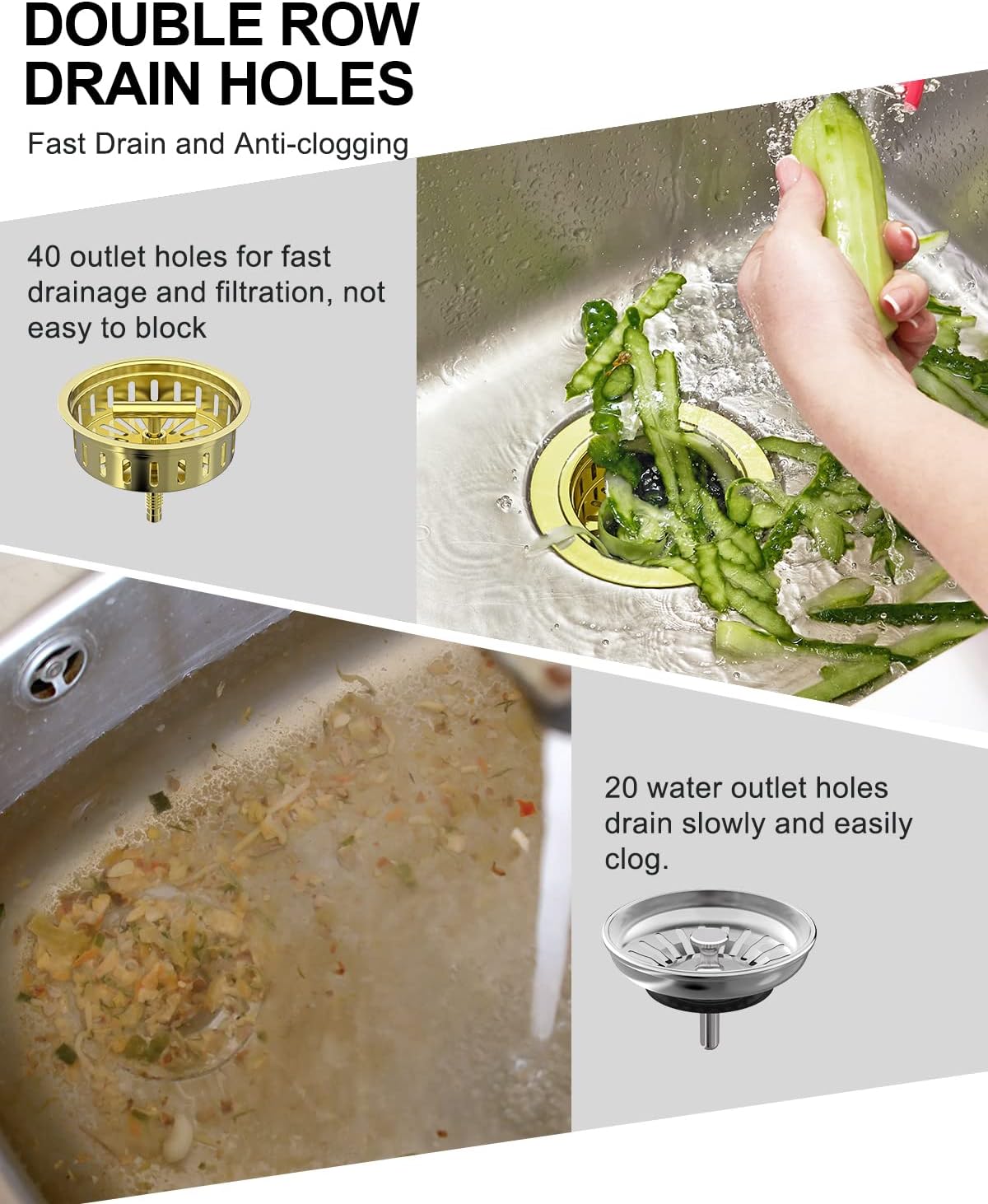 BOTEMY B9171 Gold Kitchen Sink Drain Kit 3 1/2 Sink Strainer for Kitchen Sink with Stainless Steel Strainer Stopper Drain Assembly Basket Strainer Fit Standard Sink Drain Hole