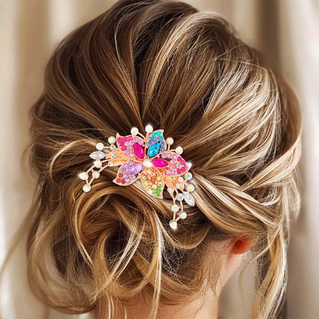 Jovono Peineta de novia con diamantes de imitación, tocado de novia dorado con flores de cristal, accesorios vintage para el cabello para mujer (colorido)