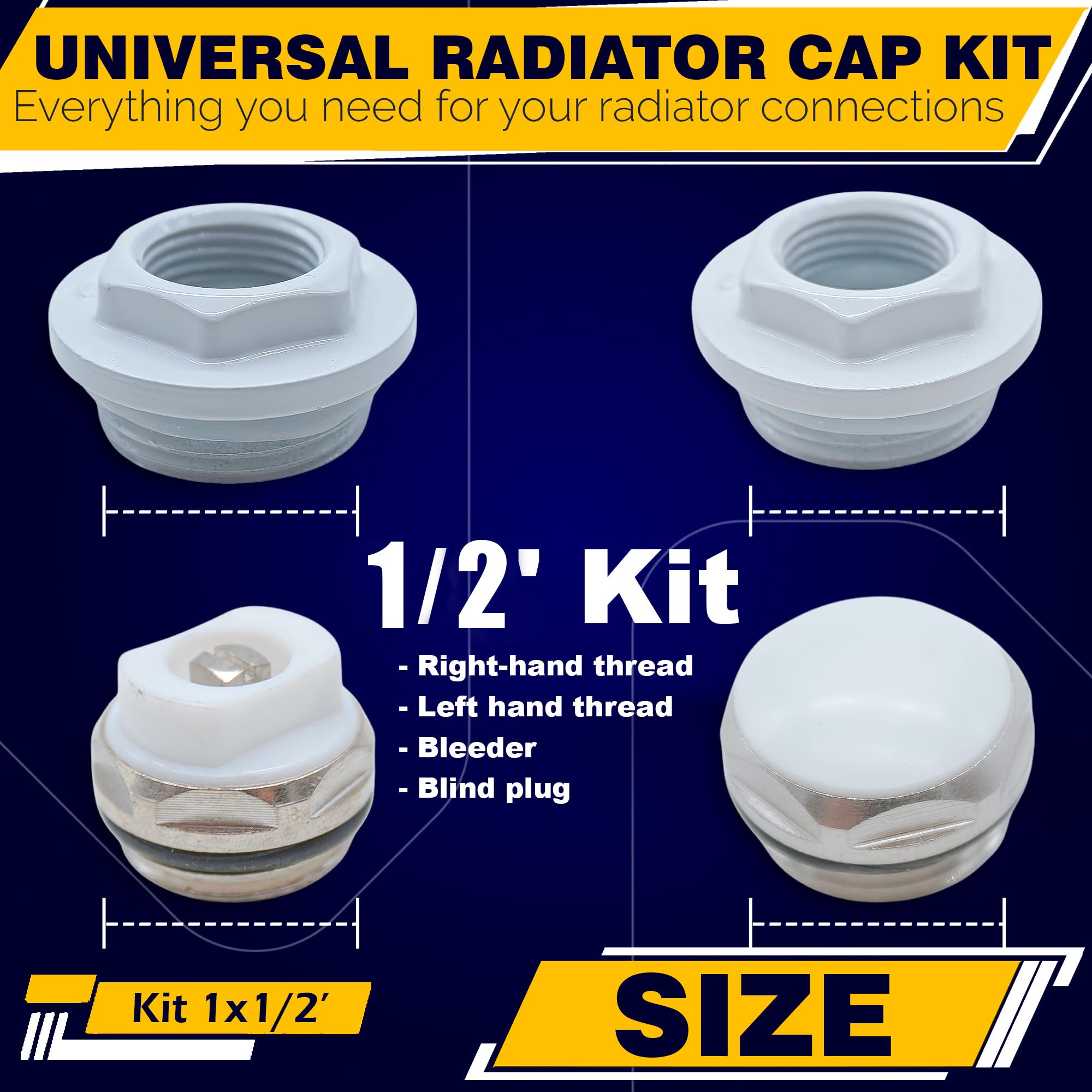 DOJA Barcelona Kit Tappi Radiatore 1/2 Bianco in Alluminio - Riduzione Filettatura, Sigillatura Per Tubi Idraulici, Termosifone e Termosifoni con Valvola Integrata Progettato Per Durata E Sicurezza