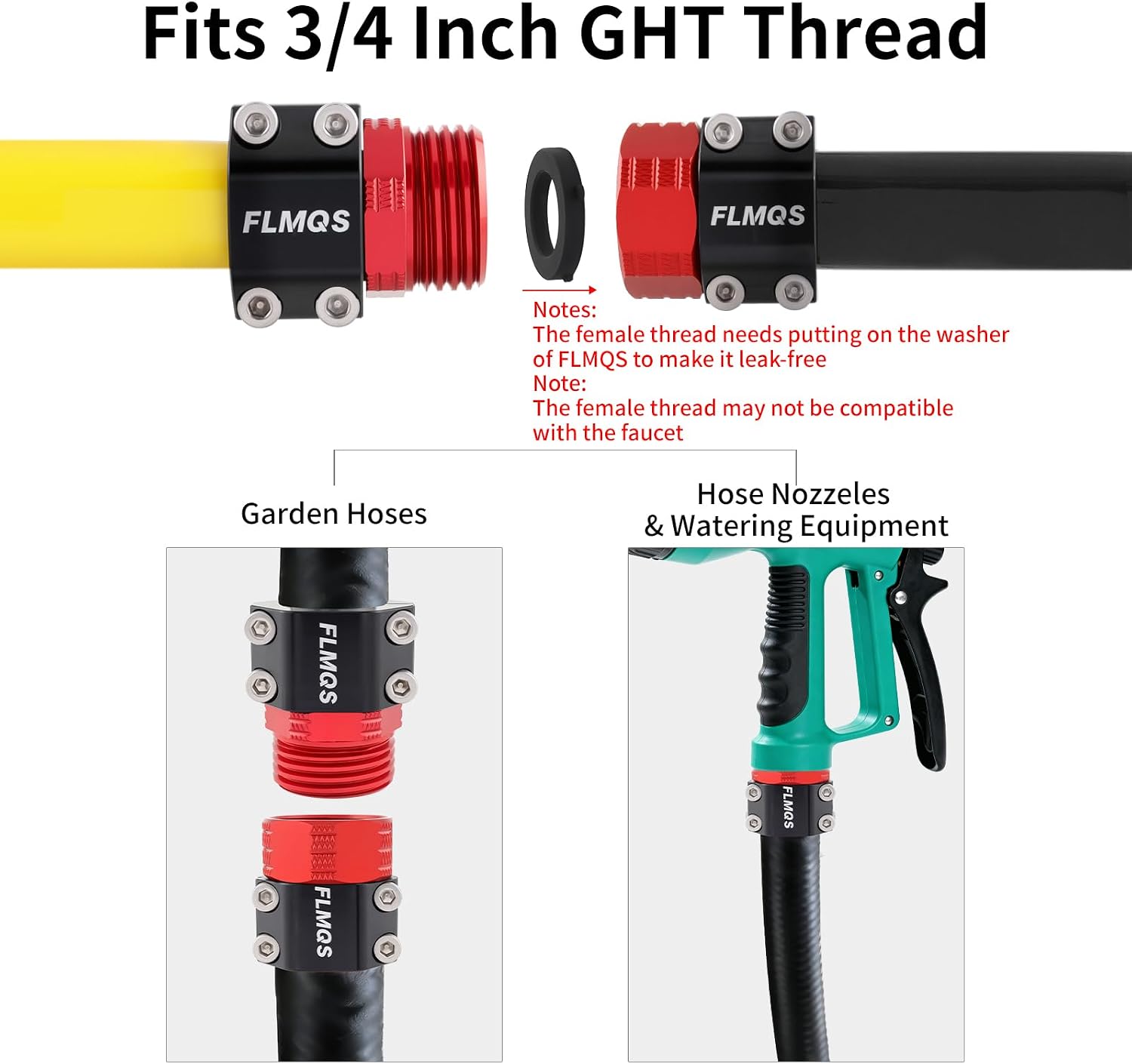Garden Hose Repair Connector Kit with Clamps, Fits 3/4" or 5/8" Garden Hoses, Leak-Proof Male and Female Hose Adapter, 3 Sets Red