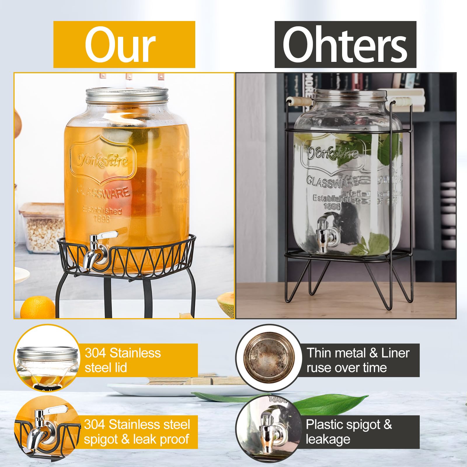 Dispensador de bebidas de vidrio de 2 galones con soporte e infusor de frutas, espiga de acero inoxidable, dispensadores de bebidas de vidrio para fiestas, dispensadores de bebidas con tapas para