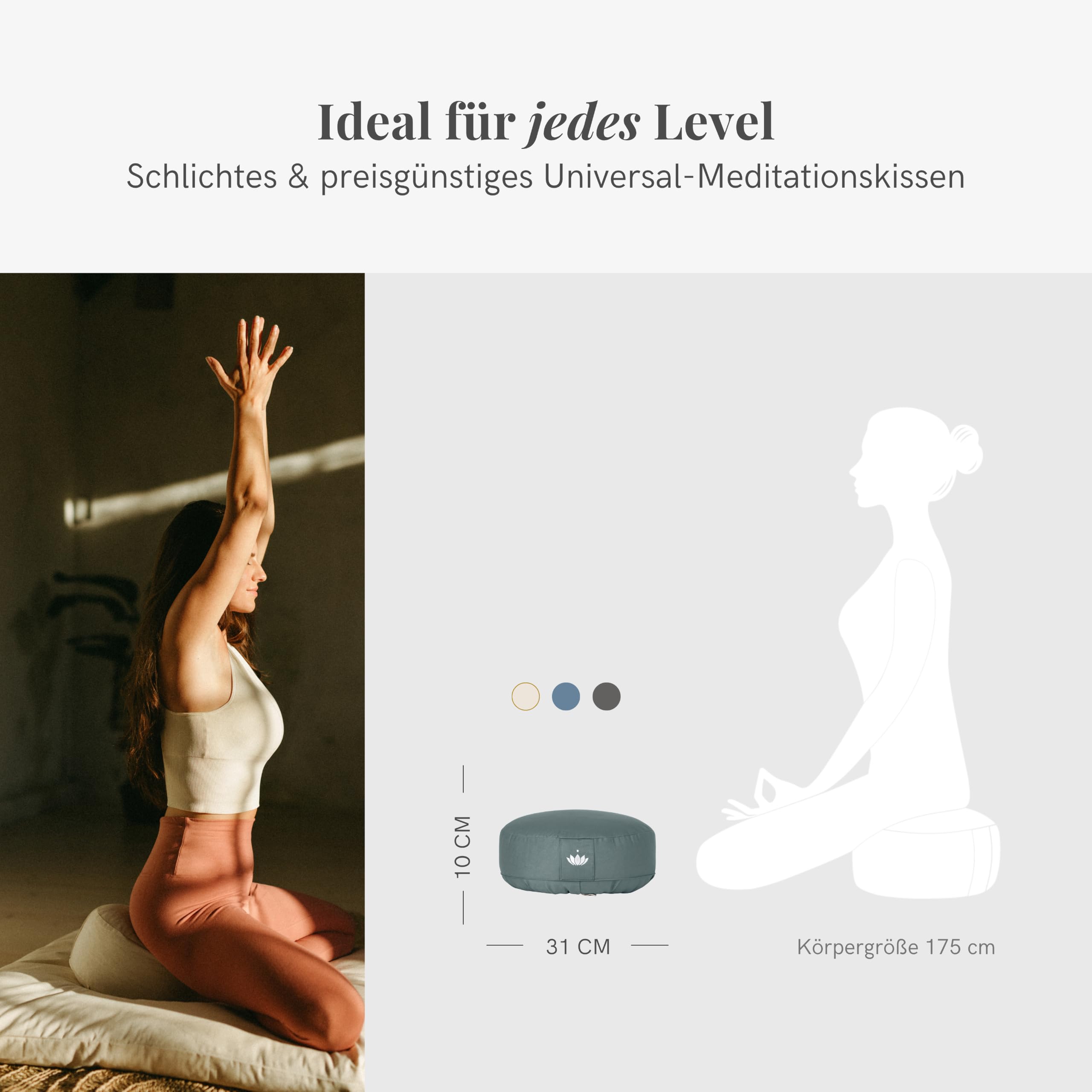 Lotuscrafts® Meditationskissen mit 10 cm Sitzhöhe, extra niedrig, Yoga Kissen mit Dinkelfüllung, Yogakissen Rund, Bodenkissen Rund, Yogakissen Meditationskissen, Bezug waschbar, GOTS Zertifiziert