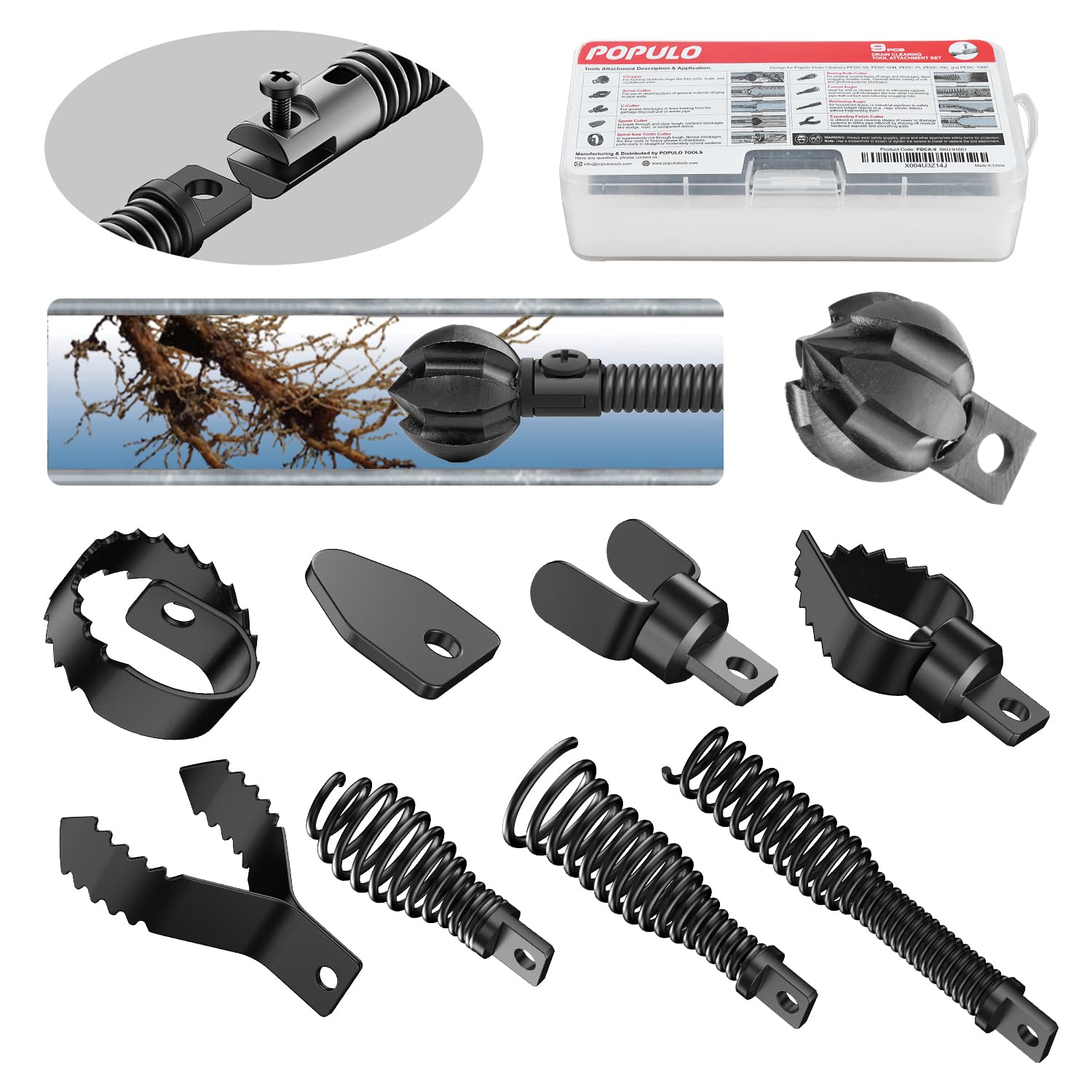 POPULO 9-in-1 Drain Snake Attachment Set