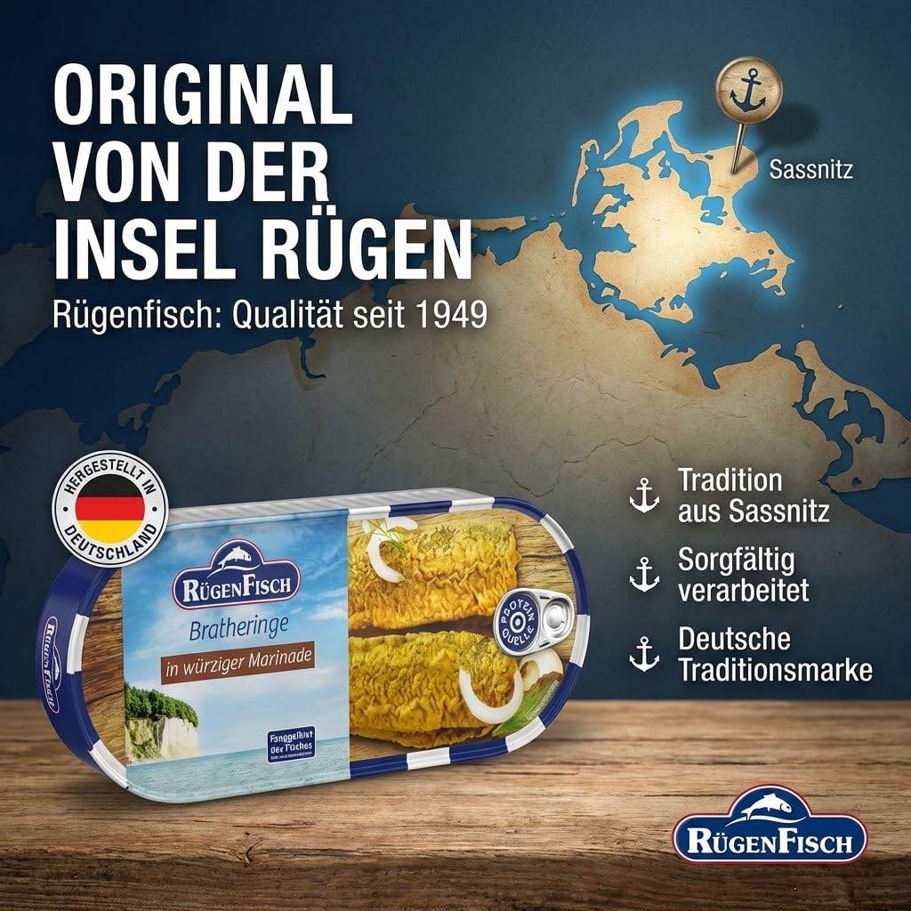 Rügenfisch 12x Brathering in Würziger Marinade, 500 g Dose, 6 kg Vorrat | Gebratener Hering mit Zwiebeln, Fischkonserve als Proteinquelle, inklusive DDR Kochbuch und Ostalgie-Karte