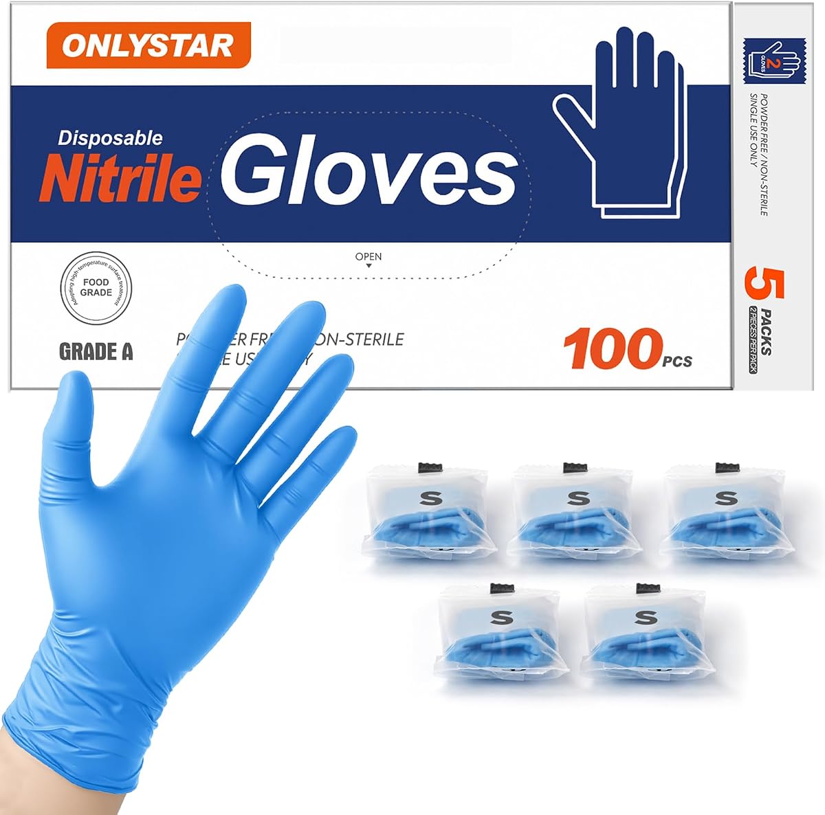 Guantes desechables de nitrilo de 5 mil pequeños, 100 unidades + 5 pares | Servicio de alimentos, sin látex, sin polvo, agarre texturizado para limpieza, preparación de alimentos, cocina, tecnología de uñas, cuidado de mascotas
