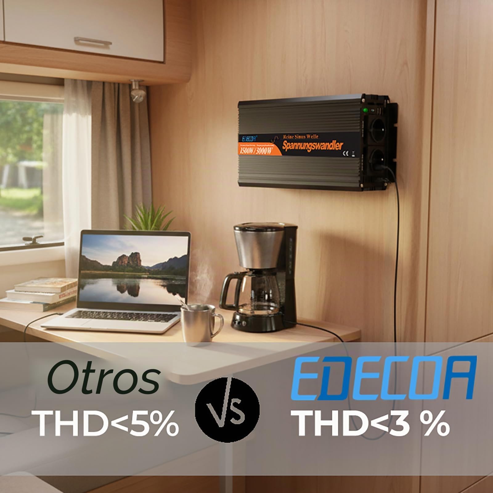 EDECOA Inversor 12v 220v Onda Pura Convertidor de Corriente 1500w con 2 USB Mando a Distancia Transformador 12v 230v y Pico momentaneo 3000w (3a generacion)