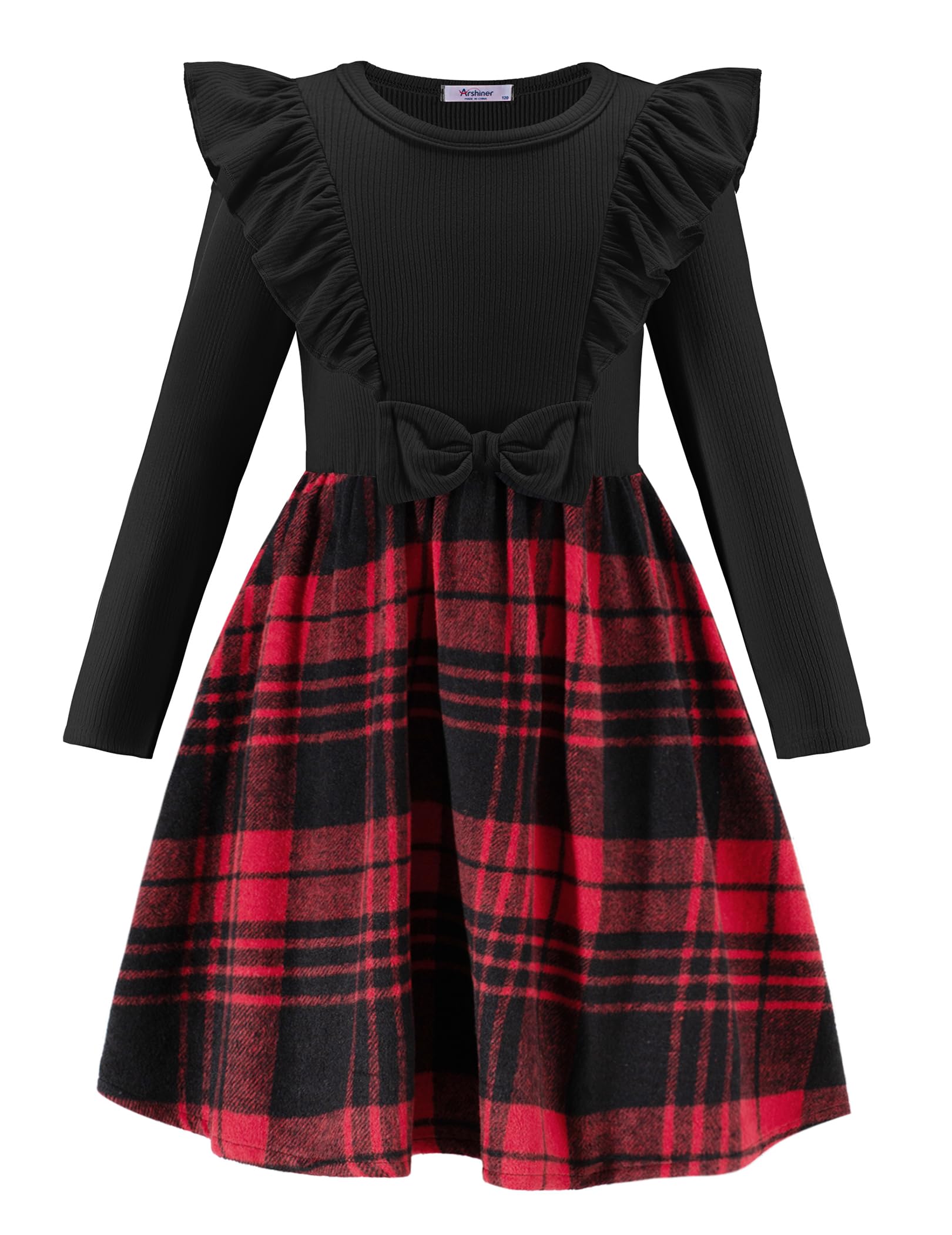 Arshiner Girls Fall Winter Dress Plaid Ribbed Ruffles Long Sleeve Dresses Cute Bowknot Little Girls Clothes 2-6 Years