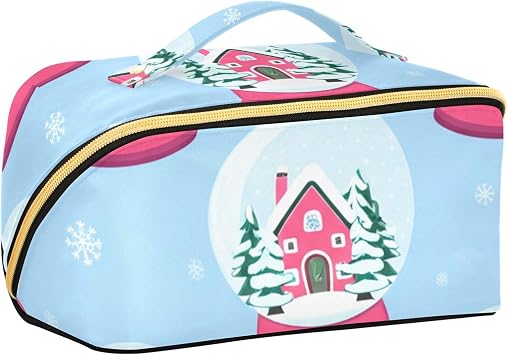 Travel Makeup Bag Snowy Crystal Balls Cosmetic Bags for Women Waterproof Portable Open Flat Toiletry Bag with Dividers