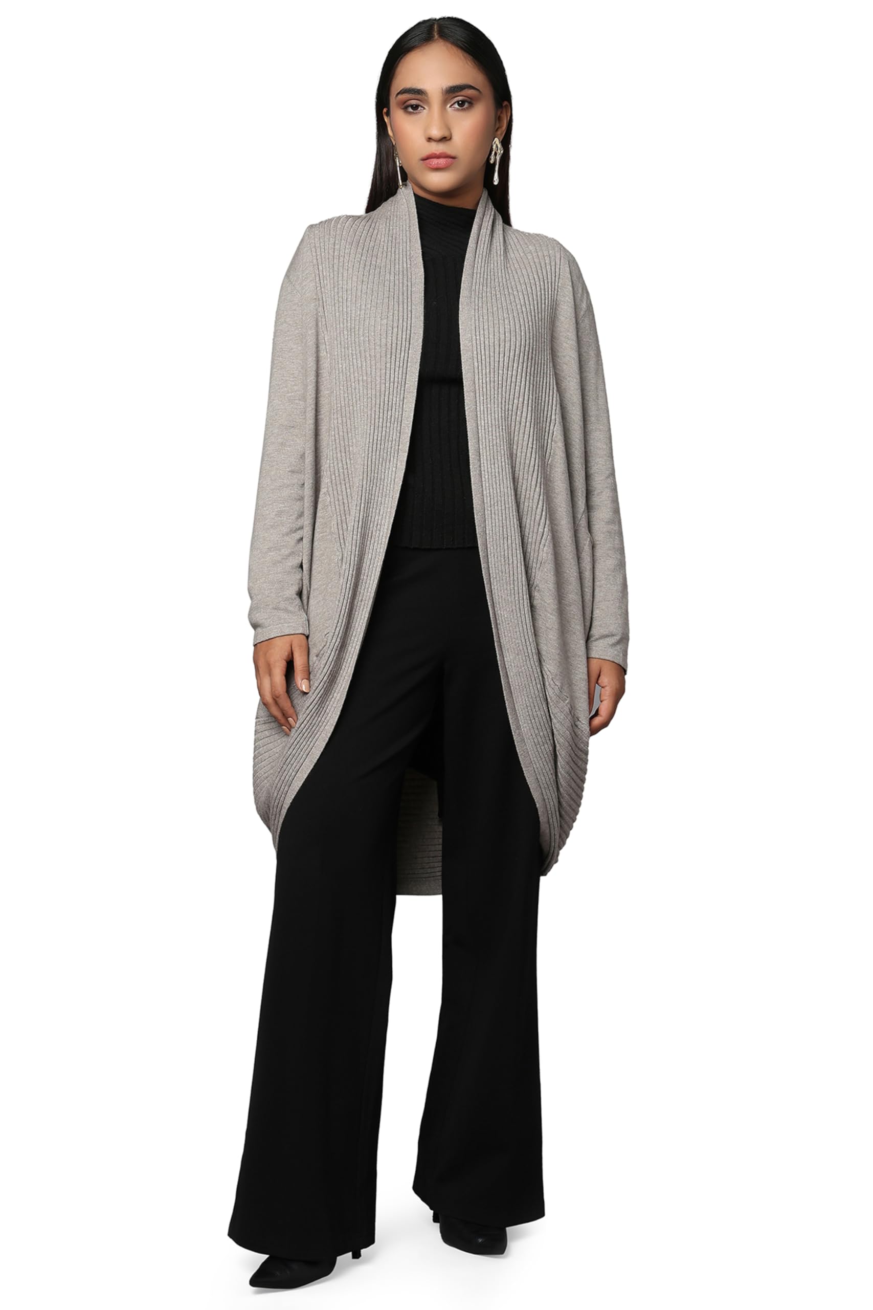 Women’s Loose Fit Longline Open-Front Knitted Sweater with Draped Hem and Side Pockets-image-5