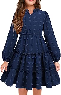 Arshiner Girls' Festive Valance V-Neck Long Sleeve Dress Swiss Dot Chiffon Dress Kids Tiered Dress A-line Party Dress Wedding Princess Dress Swing Skater Dress 5-12 Years