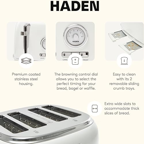 Miniatura 3 de Haden Dorset - Tostadora de acero inoxidable de 4 rebanadas de ranura ancha con control de tostado ajustable y pies antideslizantes, color marfil y