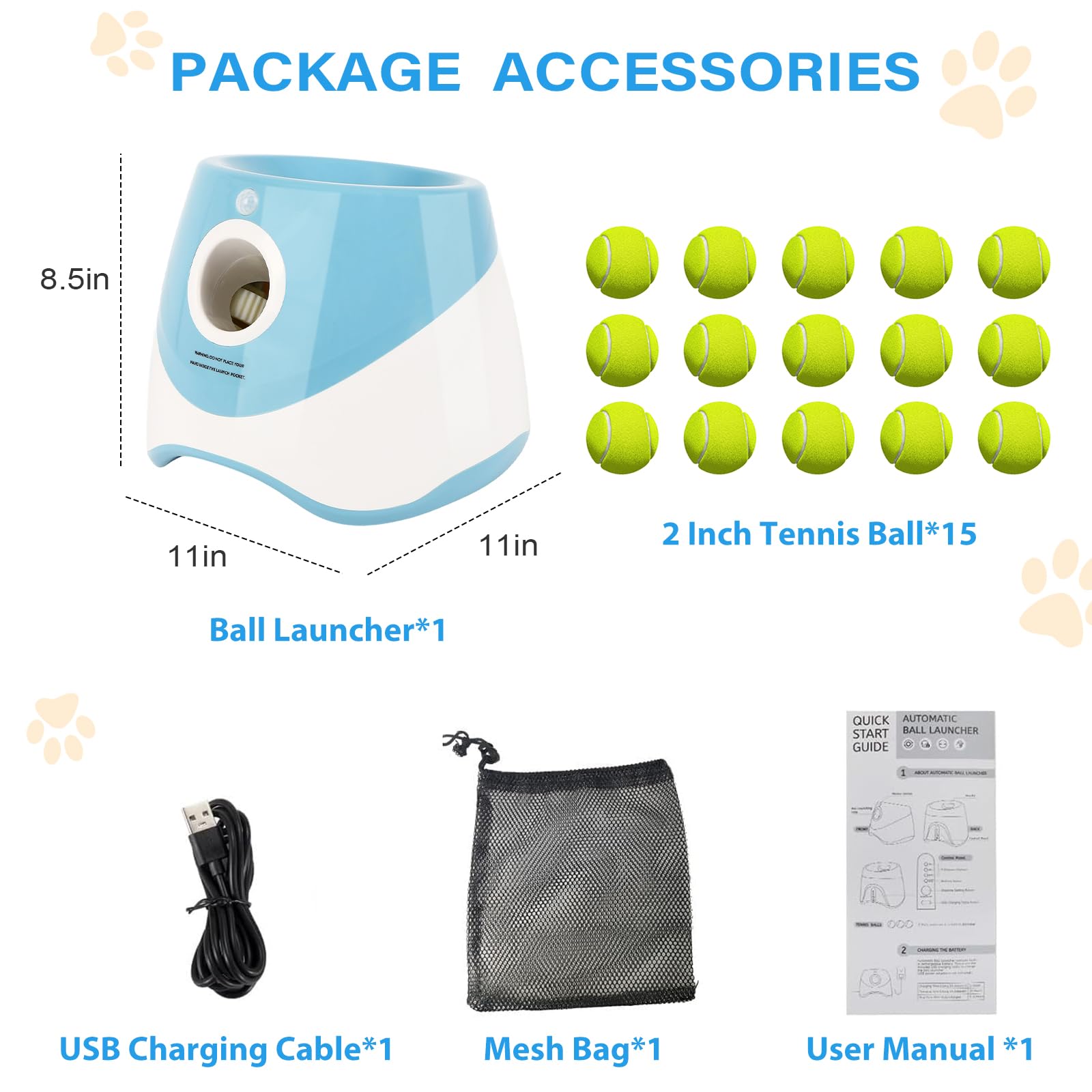 FAHKNS Automatischer Ballwerfer für kleine Hunde, interaktives Hundespielzeug für drinnen und draußen, per USB wiederaufladbar, 30-9 m, inklusive 15 Mini-Tennisbälle, Blau