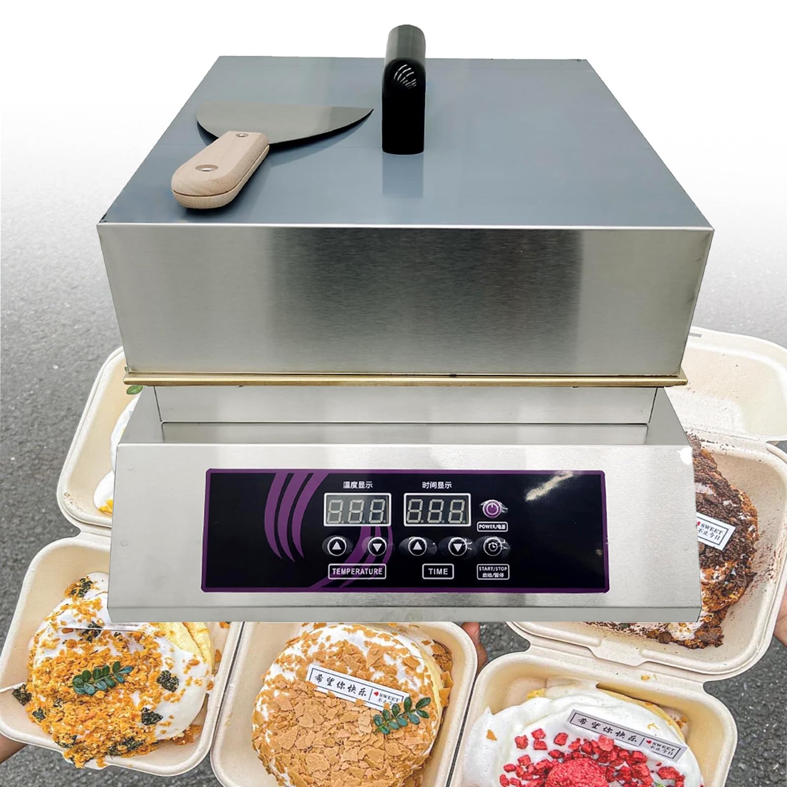 Máquina eléctrica para hacer souffles y Dorayaki Baker de acero inoxidable con placas de cobre doble puro 140.0-464.0 °F de grado comercial para panqueques y muffins, pantalla digital, cabezal único