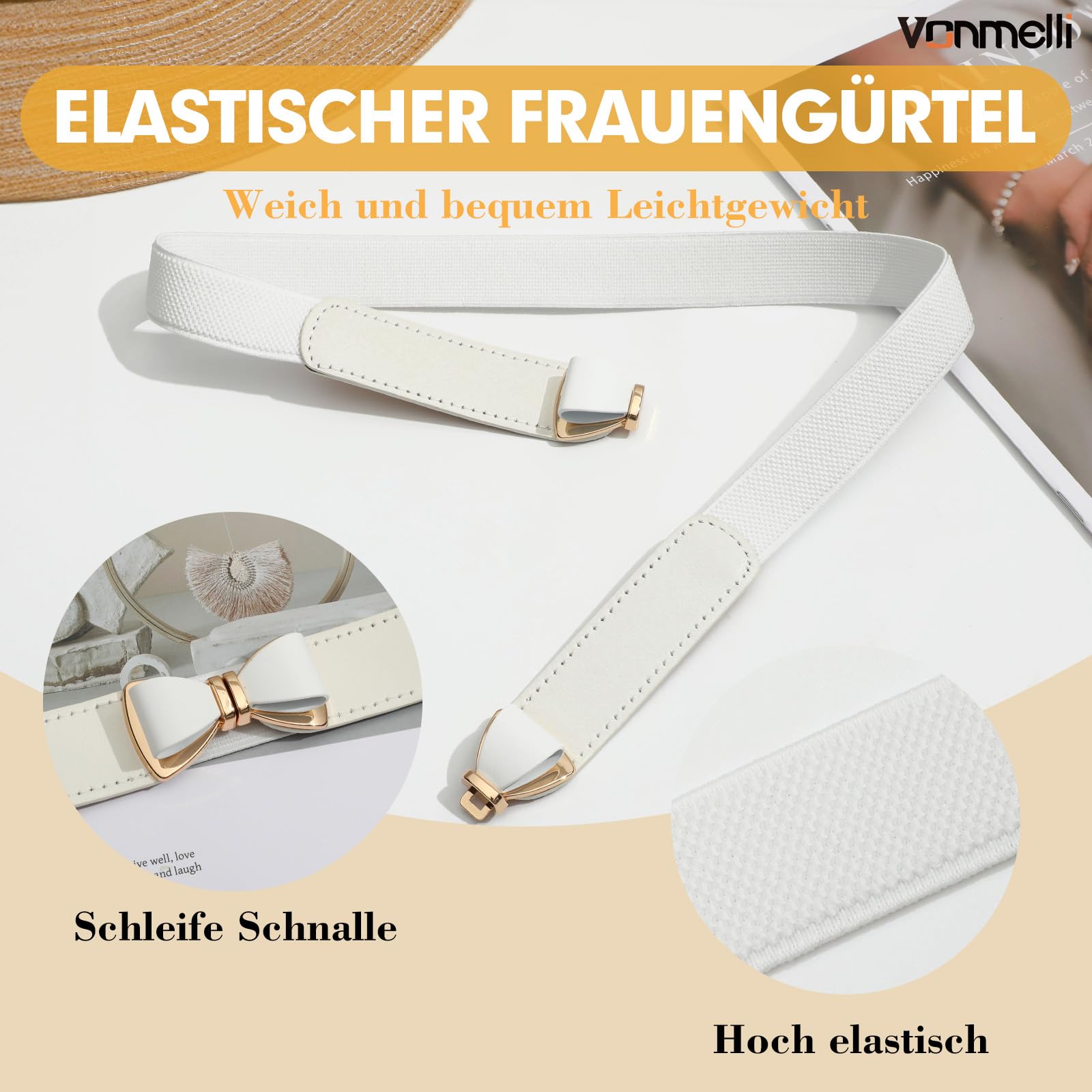 VONMELLI Elastischer Taillengürtel Damen,Vintage Dehnbarer Dünner Gürtel für Kleid, Mode Stretchgürtel Damen mit Schleifenschnalle