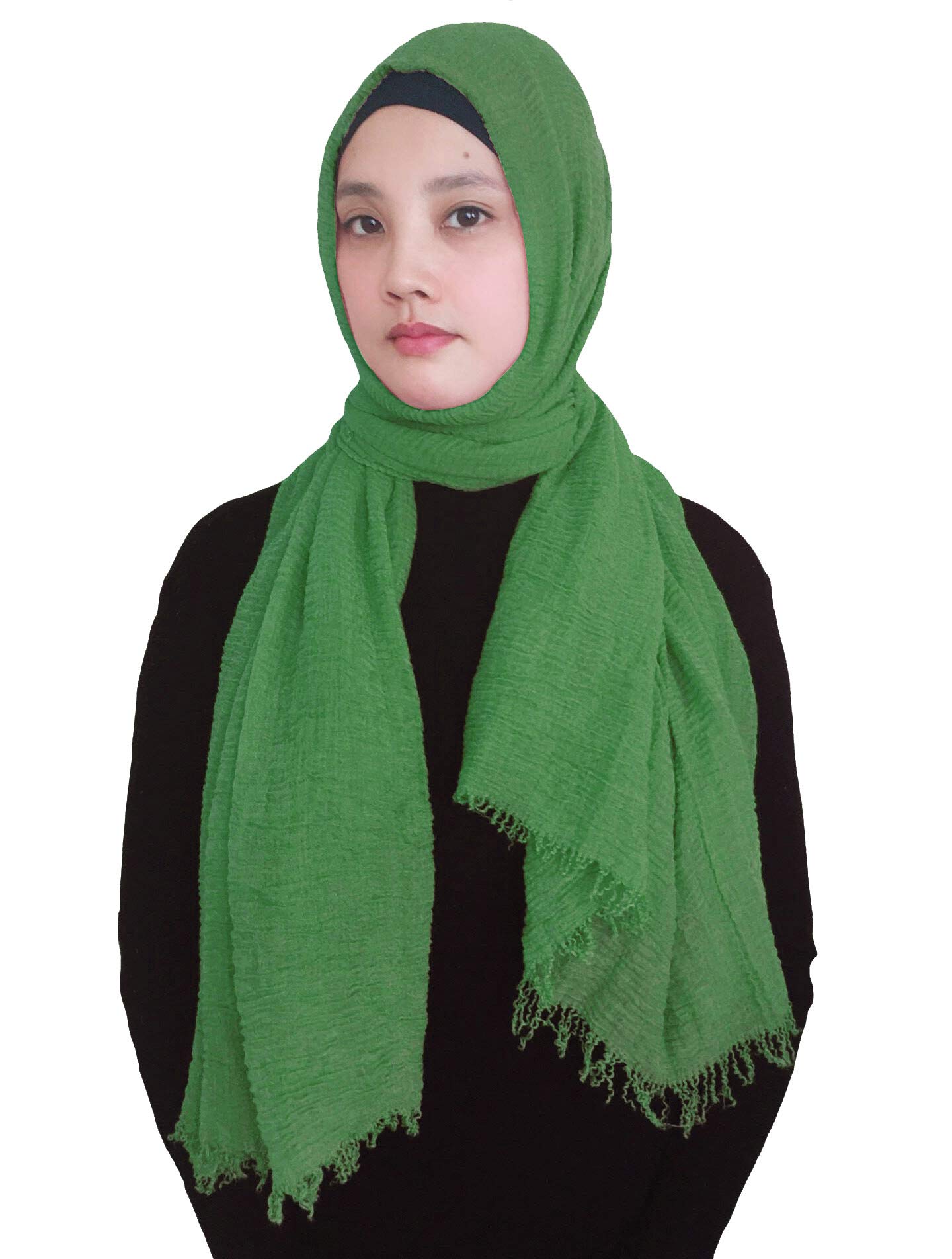 Lina & Lily Plain Colour Crepe Crinkled Scarf Hijab with Frayed Edges (Green)