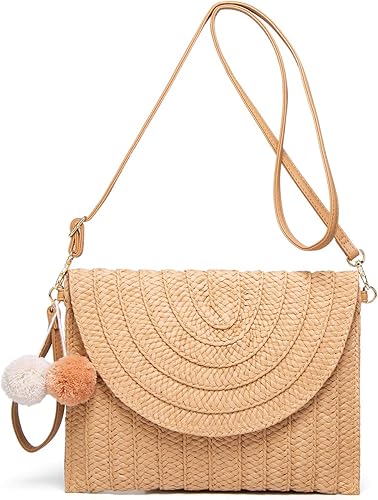 Miniatura 4 de Bolso cruzado con pompón tejido a mano para mujer, bolso cruzado de playa de verano, cartera