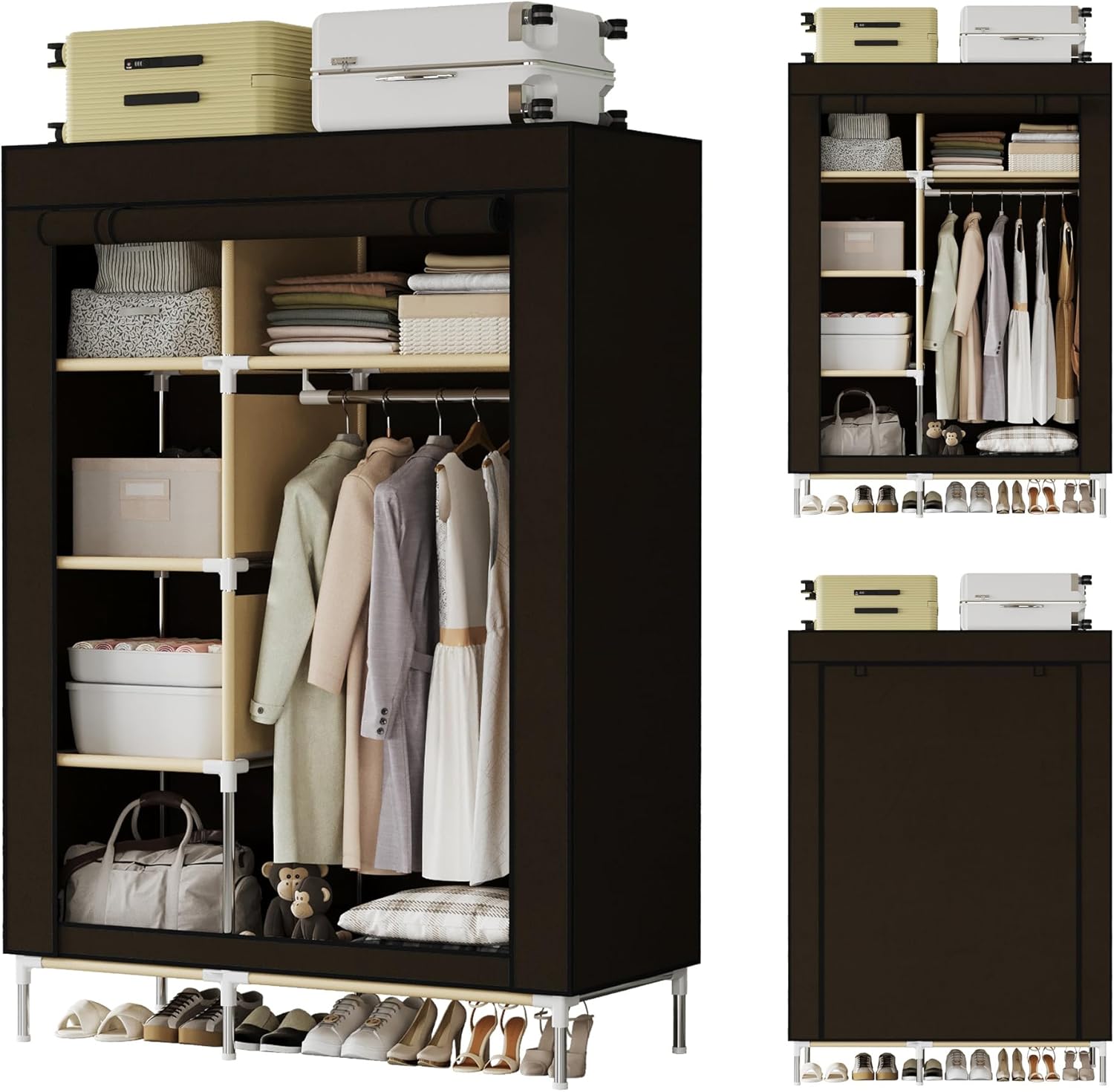 Portable Wardrobe with 16mm Steel Frame, Brown Freestanding Closet for Bedroom, 1 Hanging Rod & 5 Shelves, Sturdy Fabric Organizer for Clothes Storage