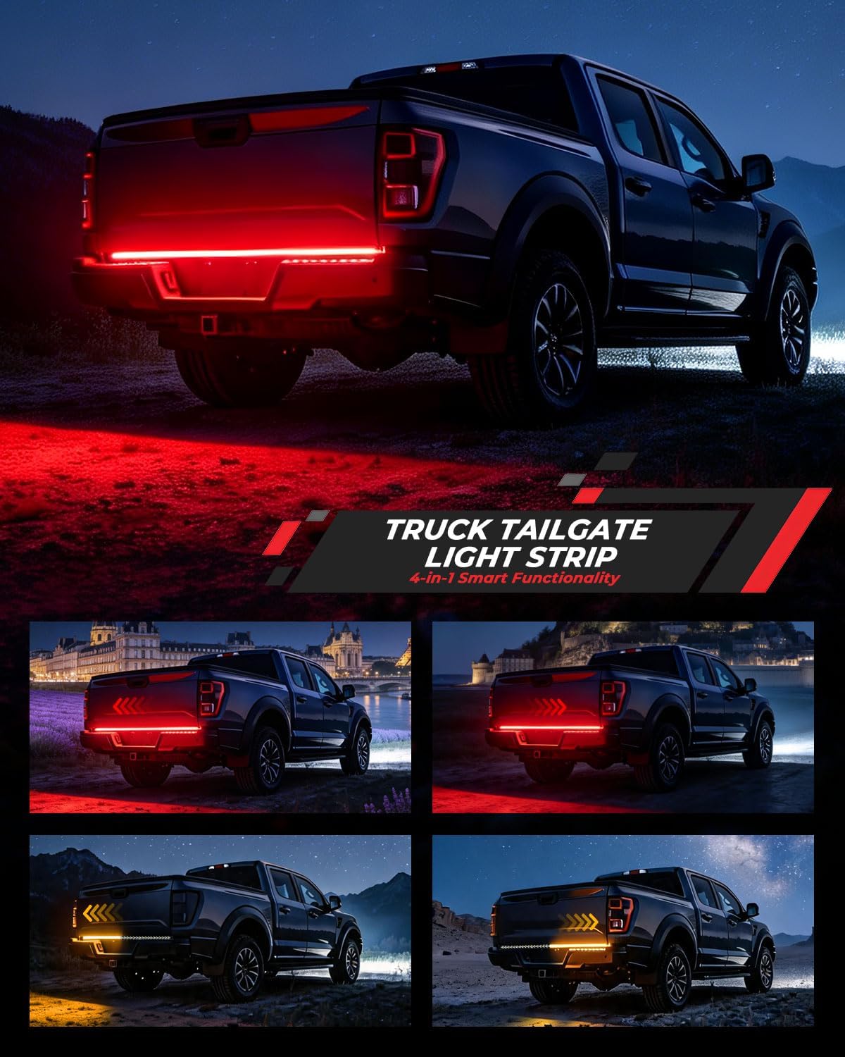 Keiurot Truck Tailgate Light Bar, 60Inch Tailgate Led Light Strip Waterproof Arrow with Sequential Turn Signal Break Runing Red & Amber Flexible for Pickup Truck,540Led Chips DC12-24V (150CM/1Set)