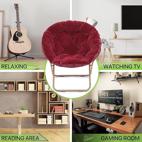 Miniatura 9 de Magshion Silla redonda plegable de gran tamaño con platillo de luna para adultos, silla grande y acogedora para dormitorio, color burdeos