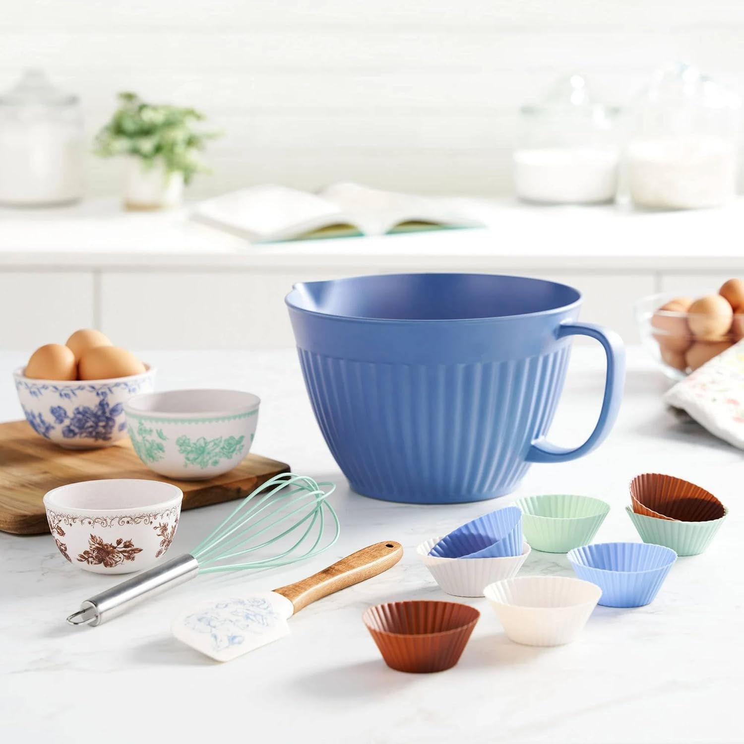 14 Piece Bamboo Melamine Mixing Bowl Set with Whisk and Spatula, Blue, Lightweight and Dishwasher Safe