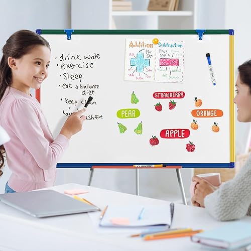 Miniatura 8 de Pizarra blanca magnética de borrado en seco con soporte para caballete de niños, pizarra giratoria para caballete de aula, pizarra blanca con