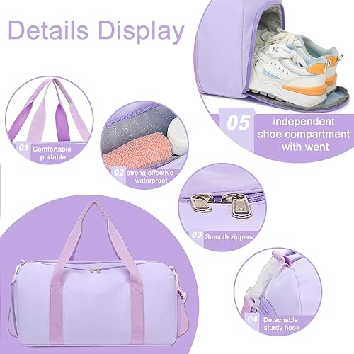 Vista 6 de BLUBOON Bolsa de lona deportiva para mujeres y niñas, bolsa de lona para el fin de semana, M-púrpura