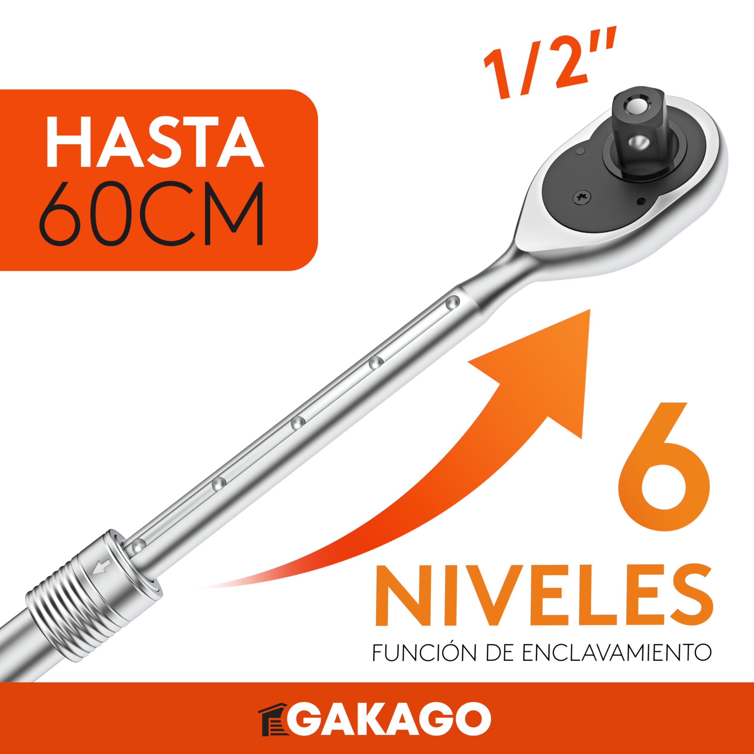 Gakago Carraca telescópica de 1/2" pulgada hasta 60 cm - Carraca reversible extra larga con mango ergonómico - Potencia superior con más de 615 Nm y engranajes precisos de 72 dientes finos