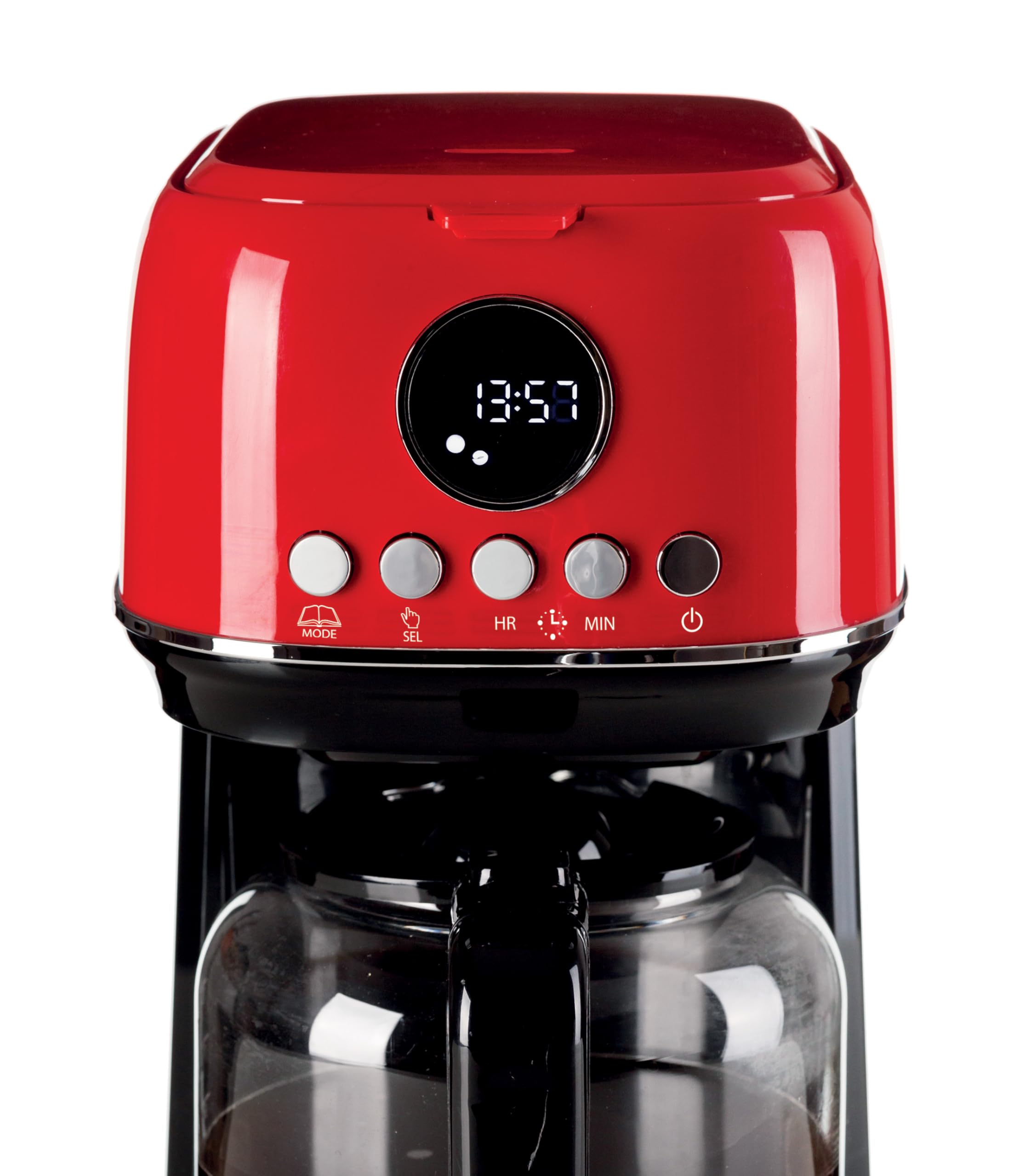 Ariete, Moderna 1396 Cafetière Filtre, Préparez Jusqu'à 15 Tasses de Café Américain, Carafe en Verre Trempé, Base Chauffante, Écran LCD, Filtres Amovibles et Lavables, Rouge