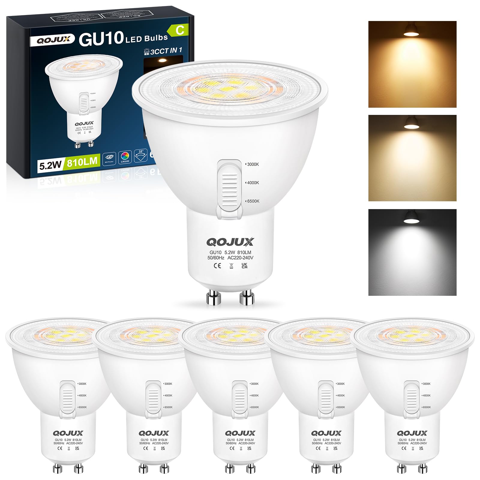 GU10 LED 5.2W, 810LM 3CCT Einstellbar Warmweiss 3000K/ Neutralweiss 4000K/ Kaltweiss 6500K Glühbirne, Energieeffizienzklasse C, 80W Halogenlampe Ersetzt, 38° Abstrahlwinkel, Nicht Dimmbar, 6 Stück