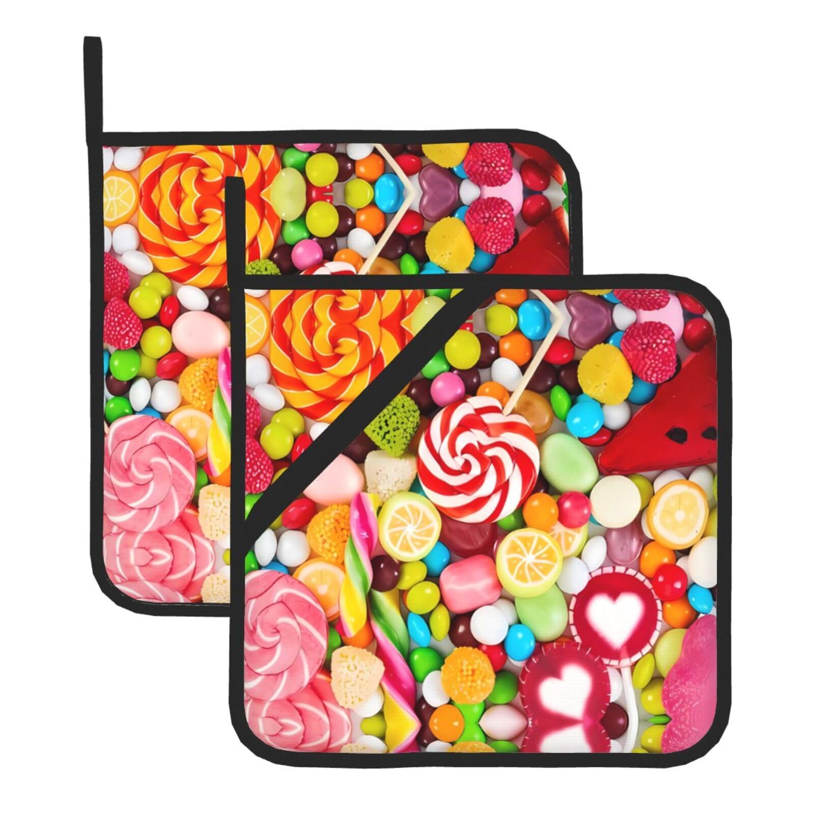 YYHWHJDE Lollipops Pattern Prints Square Hot Pads for Kitchen Counter - Waterproof Pot Holders with Hanging Loop, Durable Trivets for Microwave Oven - 2 Pack