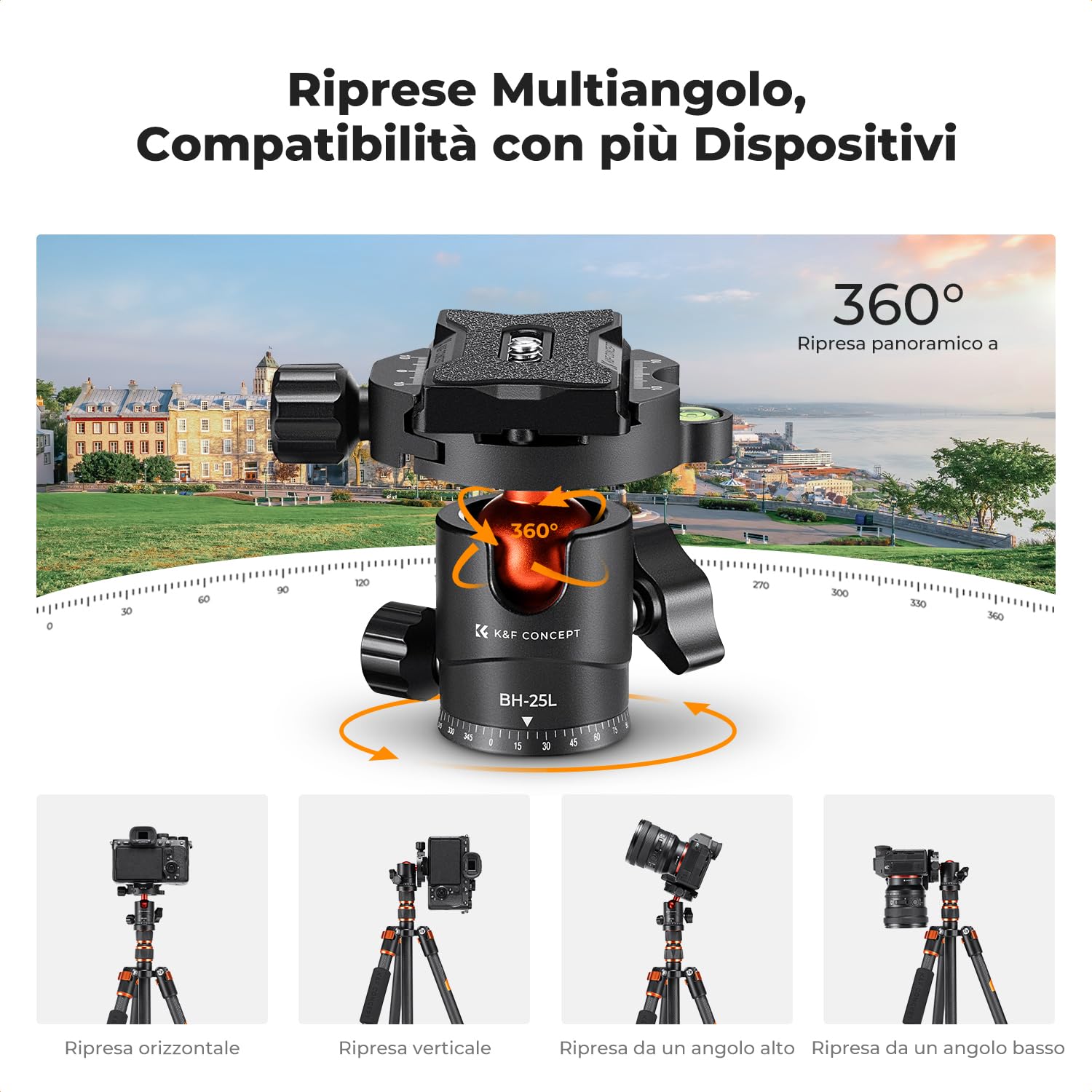 K&F CONCEPT Treppiede Fotocamera 154cm, Treppiede in Carbonio C225C0+BH-25, Tripod Camera Compatto con Monopiede e Testa a Sfera a 360°, Carico Max 8kg, Cavalletto Fotografico per DSLR/Sony/Canon,ecc.