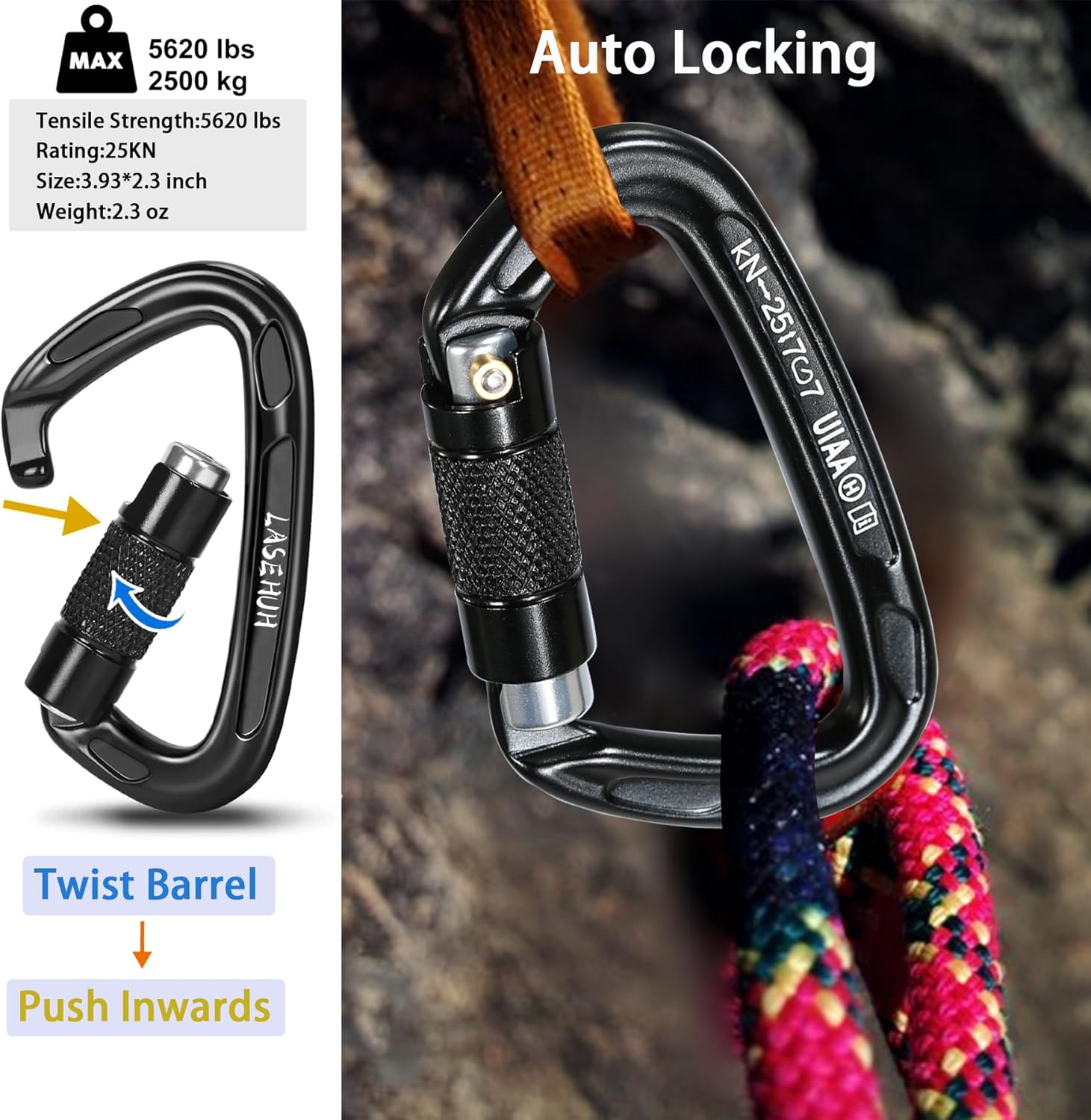 UIAA Certified 25KN Auto Locking Climbing Carabiner Clips, D Shaped, Twist Lock, and Heavy Duty Carabiners for Rock Climbing, Rappelling,3.93 Inch, Large Size. - Image 3
