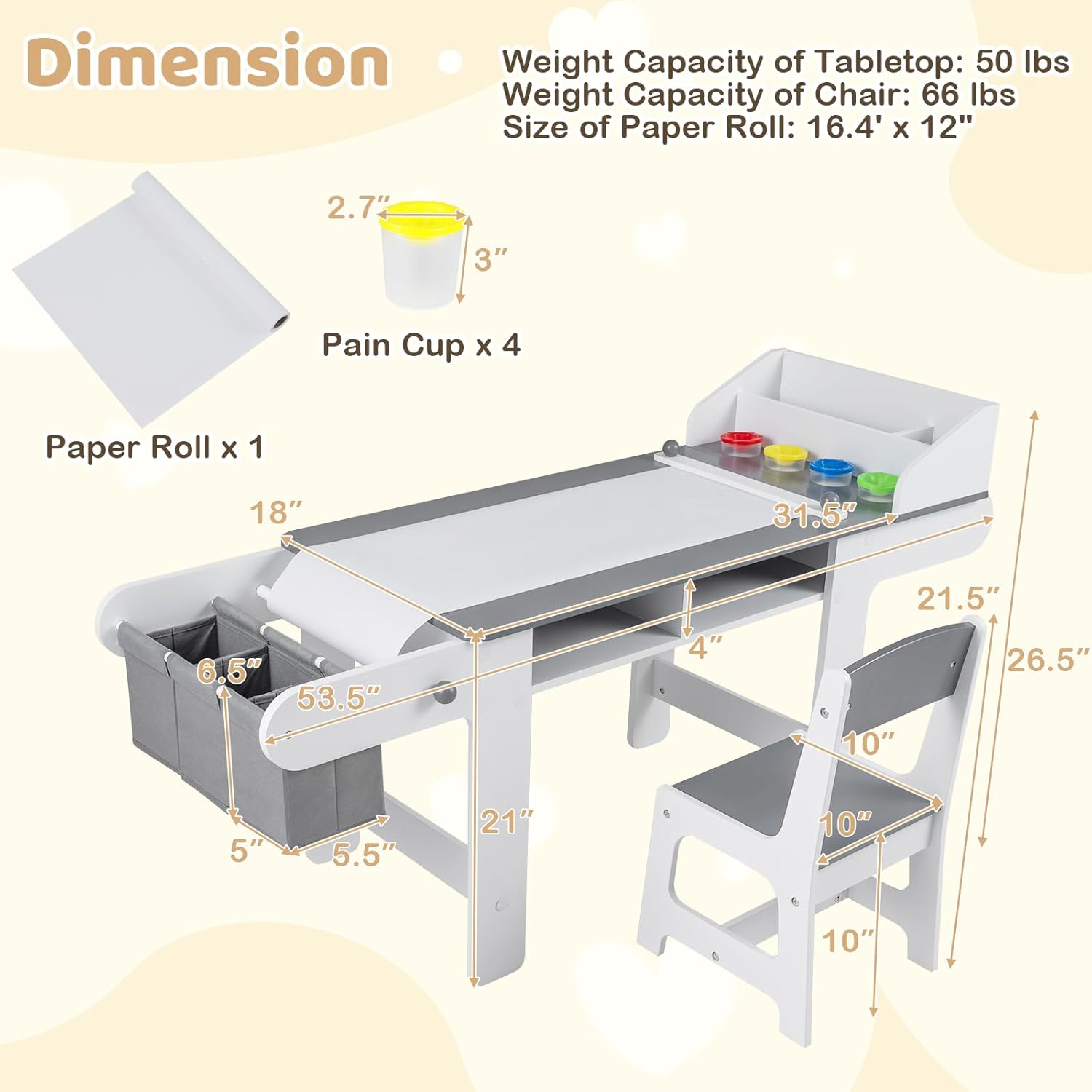 Costzon Kids Art Table and Chair, Wooden Children Craft Table with Paper Roll and Fabric Bins for Drawing Reading Studying Playing, Toddler Activity Desk Set for Home Playroom Classroom