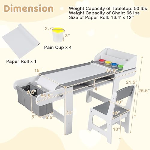Miniatura 7 de Costzon Mesa y silla de arte para niños, mesa de madera para manualidades con rollo de papel y contenedores de tela para dibujar, leer, estudiar y