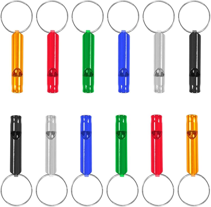Juego de 12 silbatos extra fuertes para acampar, senderismo, caza, deportes al aire libre y situaciones de emergencia, señales de llavero de aluminio resistentes pero ligeras