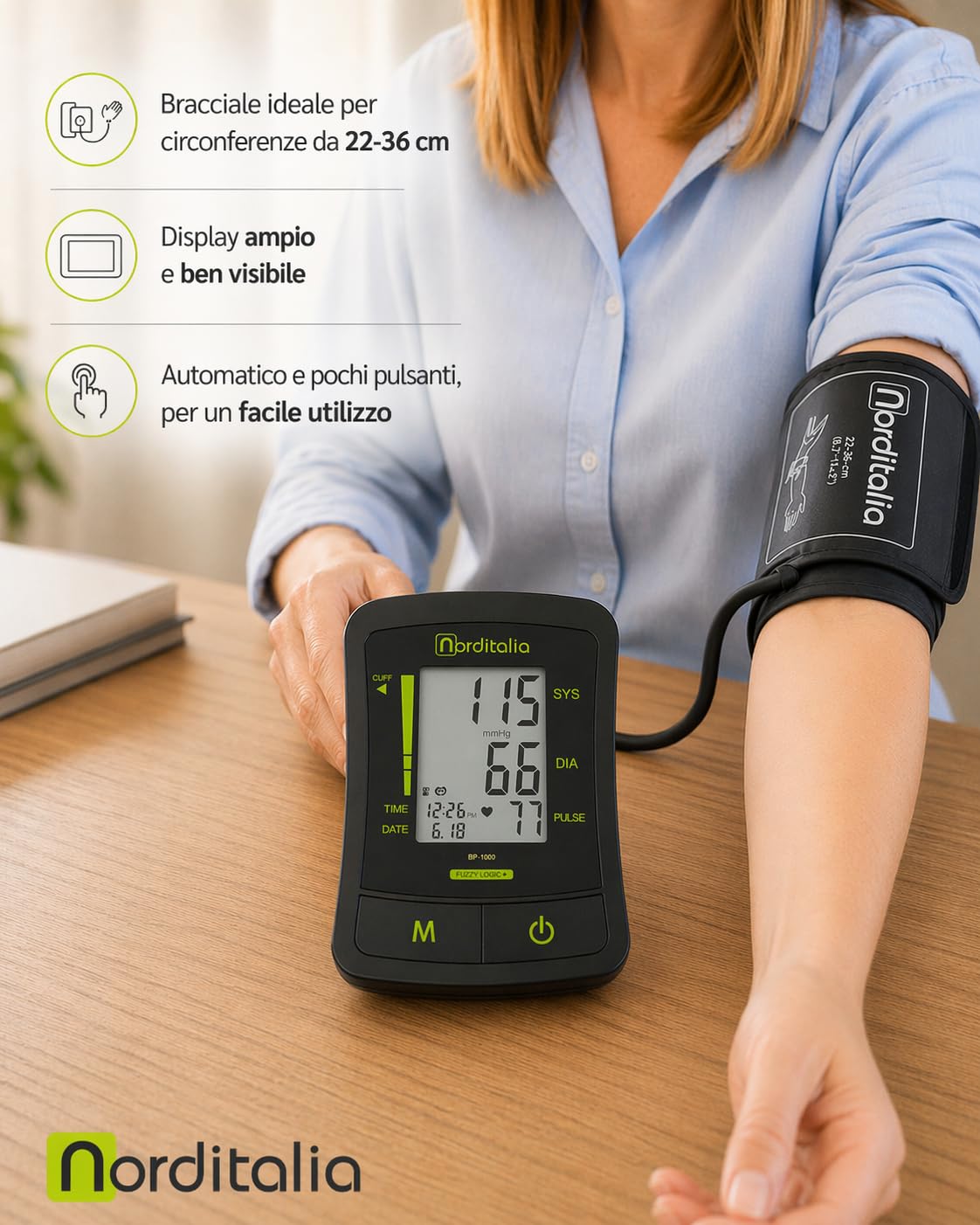 NORDITALIA, Medidor de presión de brazo, pantalla LCD, pilas incluidas