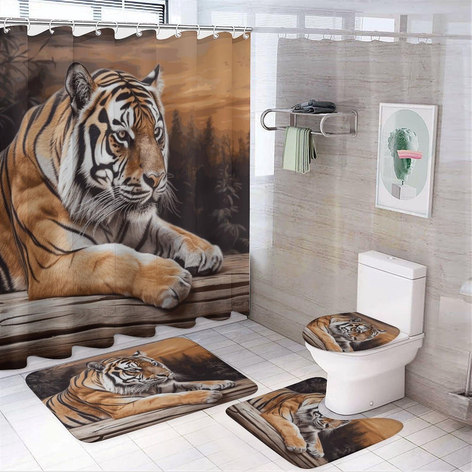 Rideau de douche tigre avec tapis antiderapant pour eviter les glissades