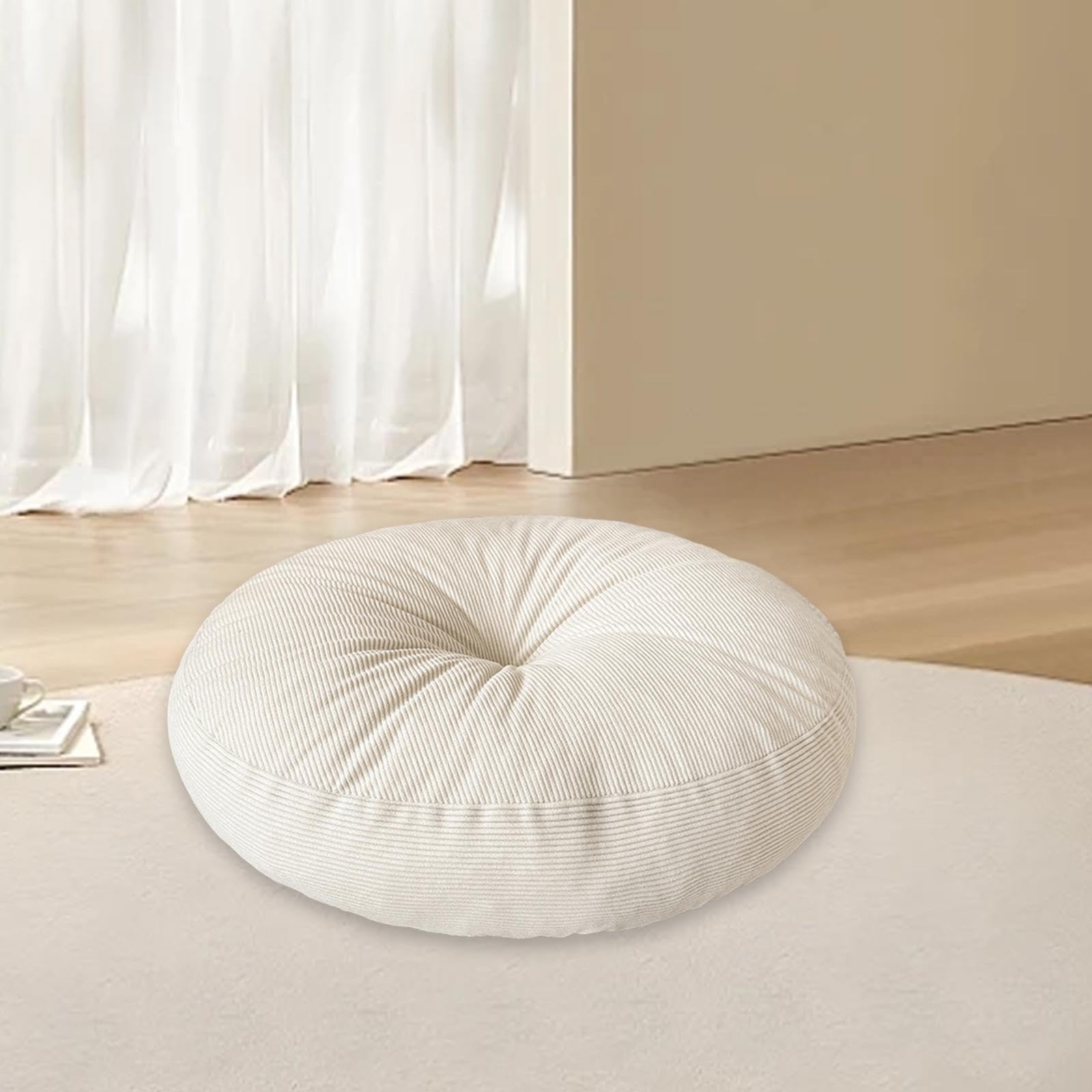 Cuscino Da Meditazione Rotondo in Velluto a Coste, Cuscino Da Terra Confortevole 40 Cm per Tatami, Seduta per Divano, Pavimento, Picnic O Seduta per Finestra a Bovindo, Beige.