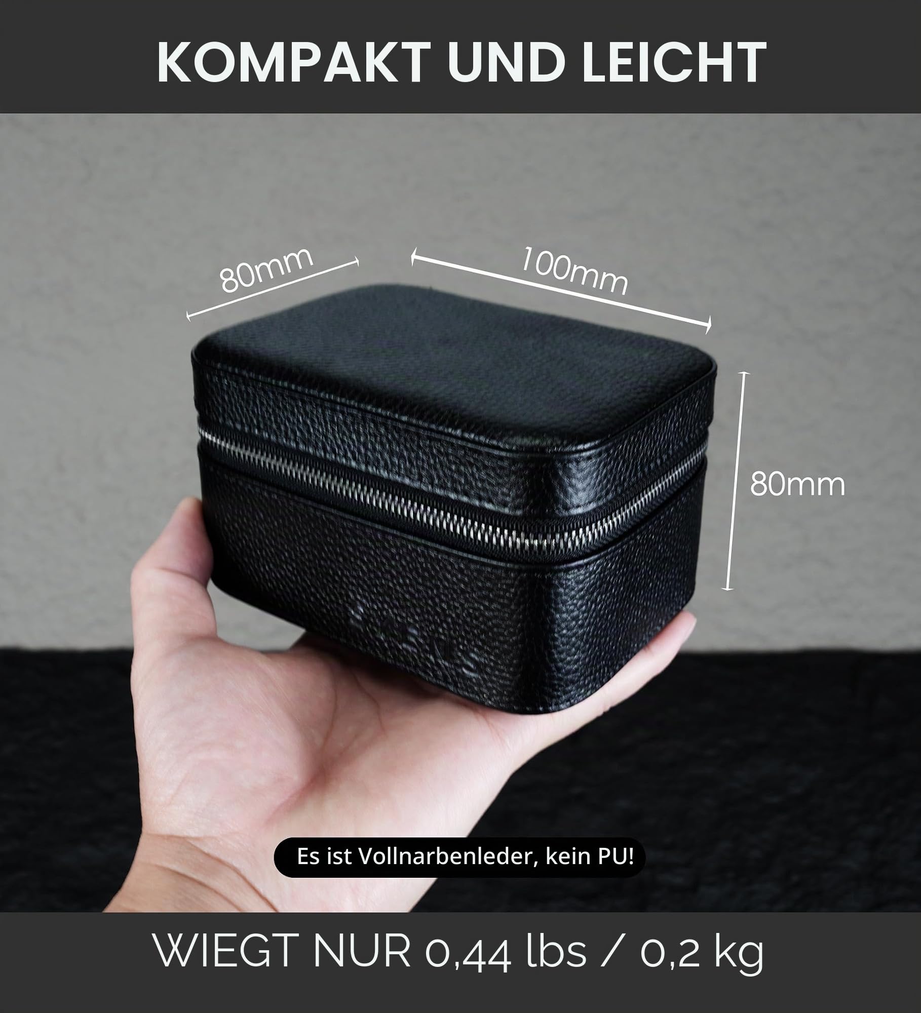 2 Uhren-Reiseetui für Männer und Frauen, echtes Top-Grain-Leder mit Wildleder zum Schutz Reißverschluss passend für alle Uhren bis zu 60mm (2W-Z-BBL)