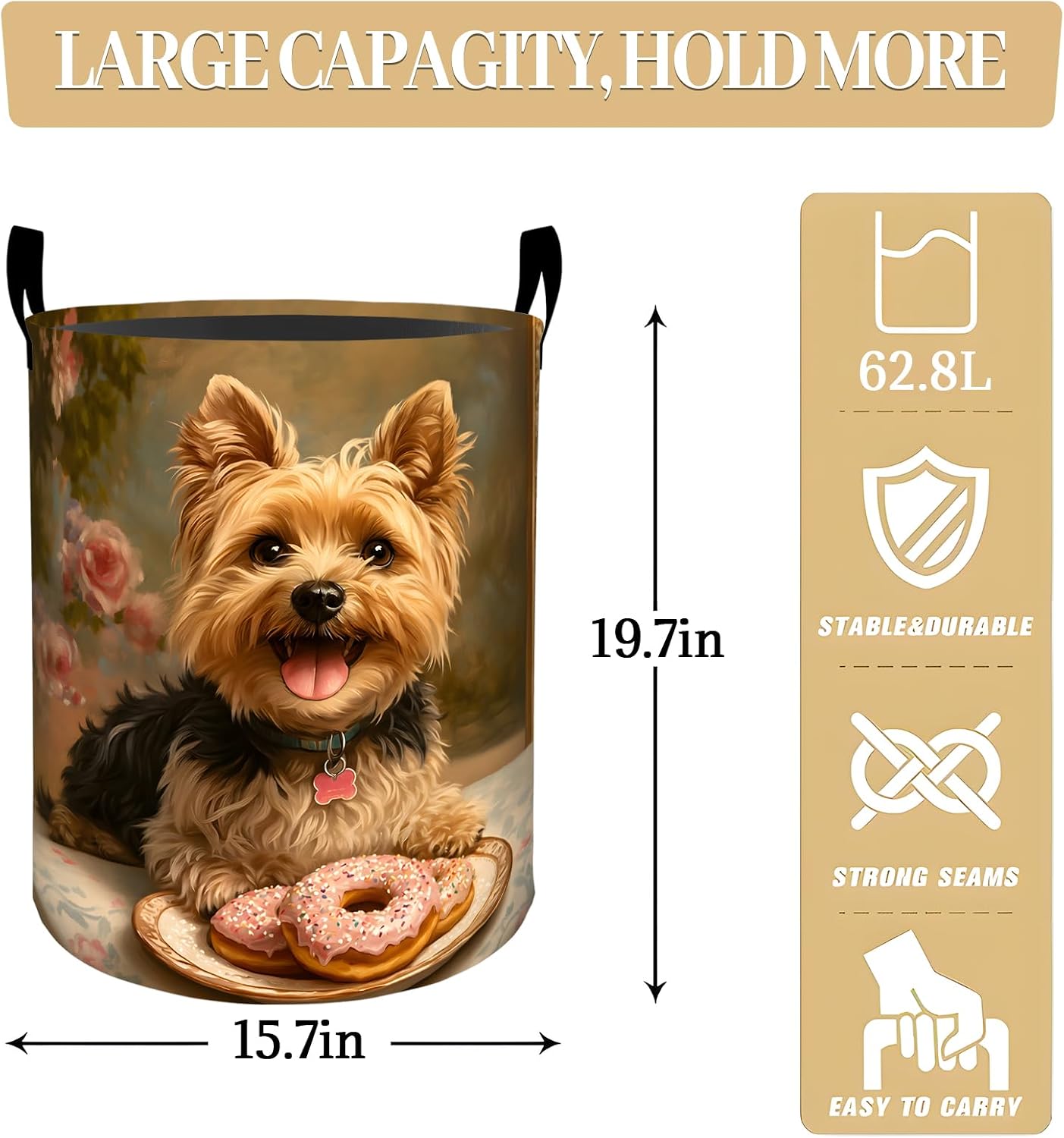 Cute Yorkie Laundry Basket, Sweet Dog Foldable Waterproof Dirty Clothes Hamper 19.7"x15.7", Floral Dessert Artwork Oxford Cloth Storage Organizer for Bedroom Dorm Bathroom Decor Gifts