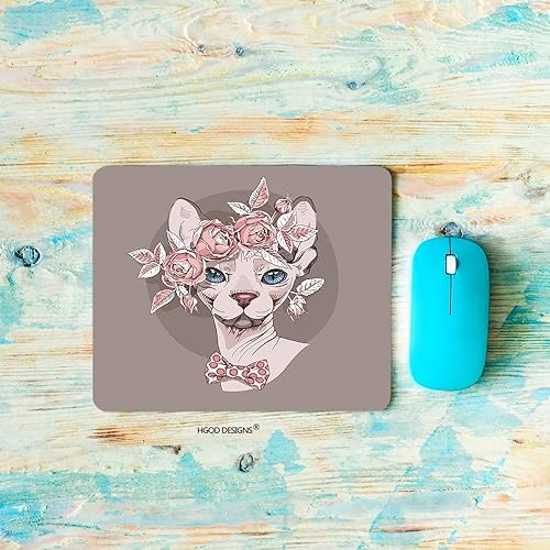 Miniatura 1 de HGOD DESIGNS - Alfombrilla de ratón para videojuegos (diseño de gato, gato con esfinge en una corona de rosas y lazo de lunares, rectangular, goma