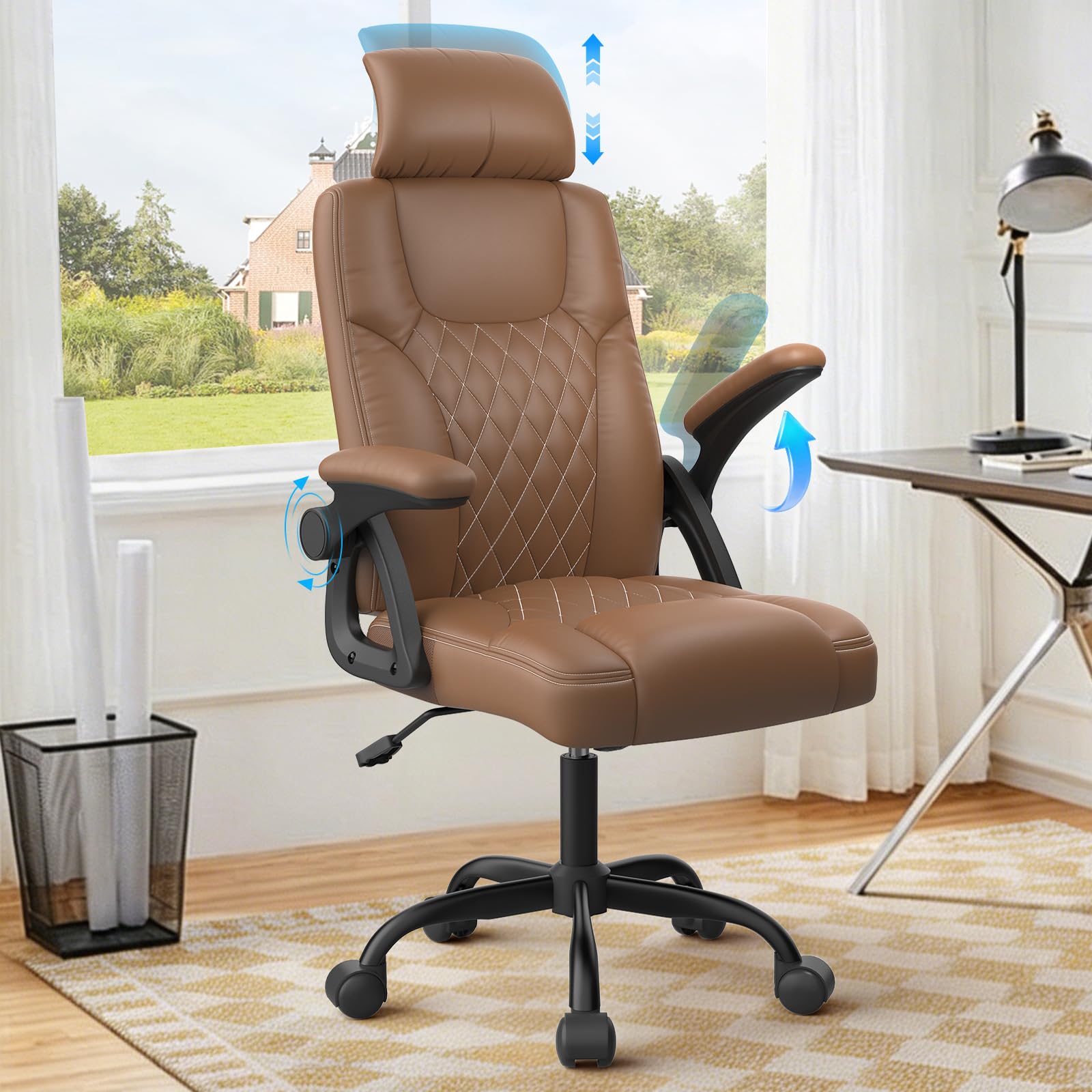 YONISEE Office Chair, Ergonomic Desk Chair with Padded Flip-up Armrests Adjustable Headrest High Back Swivel Chair Computer Chair For Home Office Study Working