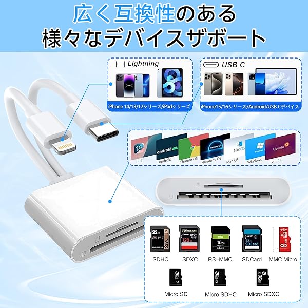 【2026新登場】sdカードリーダー ライトニング 2in1 lightning/type-c TF sdカードリーダー 双方向高速データ転送 写真/ビデオ TF変換アダプ iphone 16/15/14/13/12/11、Androidスマートフォン、MacBookなどのさまざまなモデルに対応 - 2