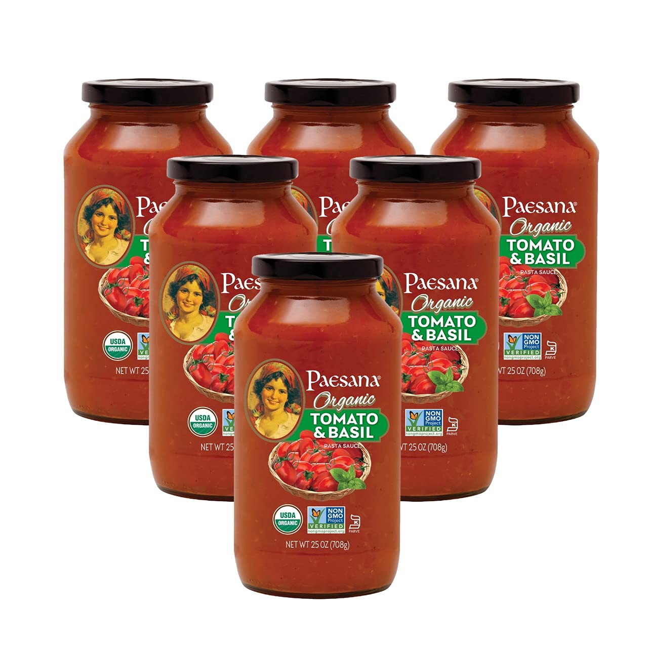 Paesana Organic Tomato Basil Pasta Sauce — Gluten Free, Vegan Friendly and made with 100% Imported Italian Tomatoes, USDA Organic, Kosher Parve – Packed in the USA, 25 oz (6 Pack)
