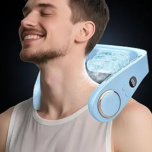Face Fan Neck Cooler -Around the Neck Air Conditioner Hanging Neck Fan,Cordless Bladeless Headphone Battery Cooling Neck Cooler Device,Birthday Gifts for Home,Office,Outside,Travel,Sports Blue