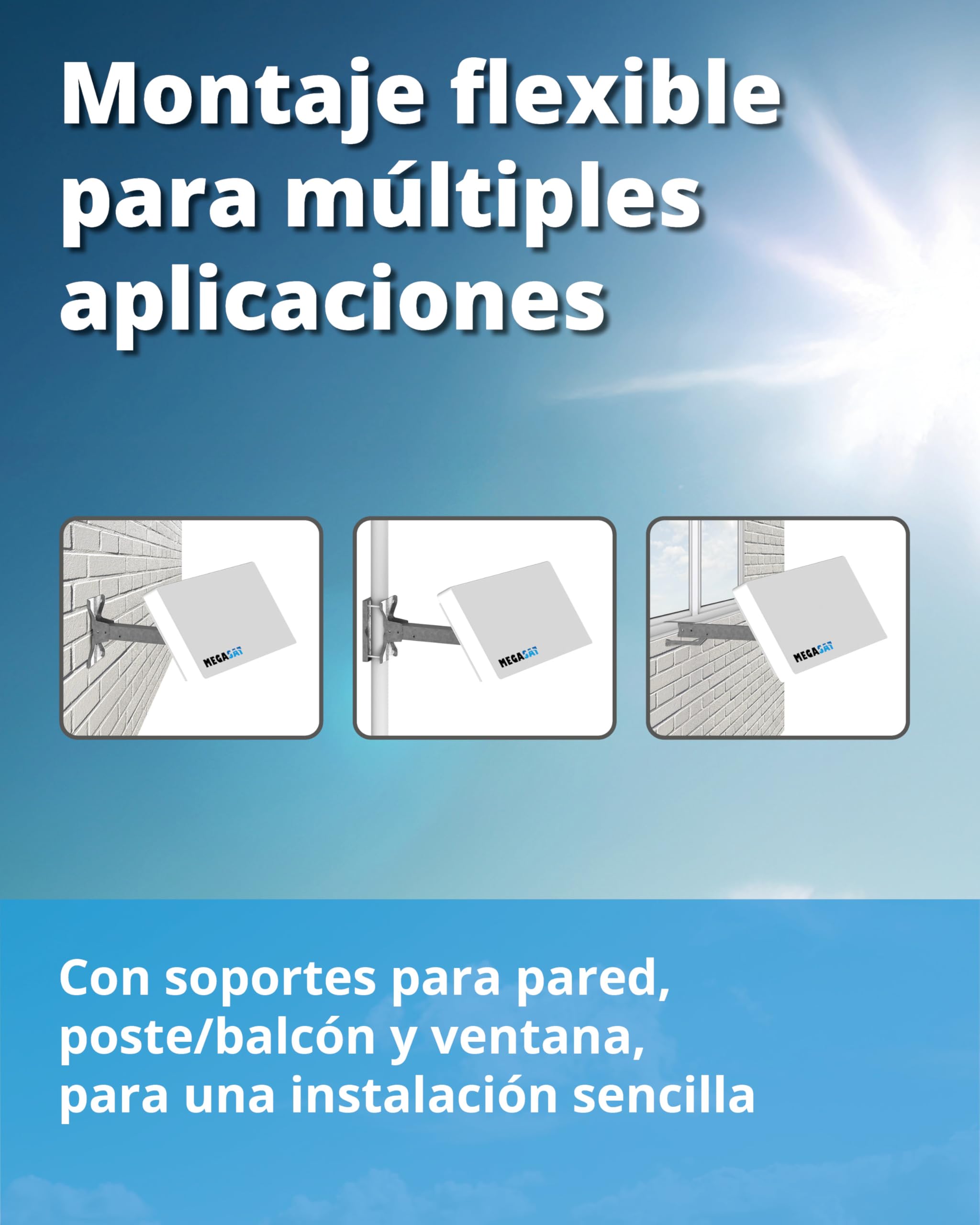 Megasat Antena Plana D2 Profi-Line – Antena Plana satelital (2 usuarios, LNB Intercambiable, instalación en Pared, Soporte para mástil/balcón o Ventana) – Blanco