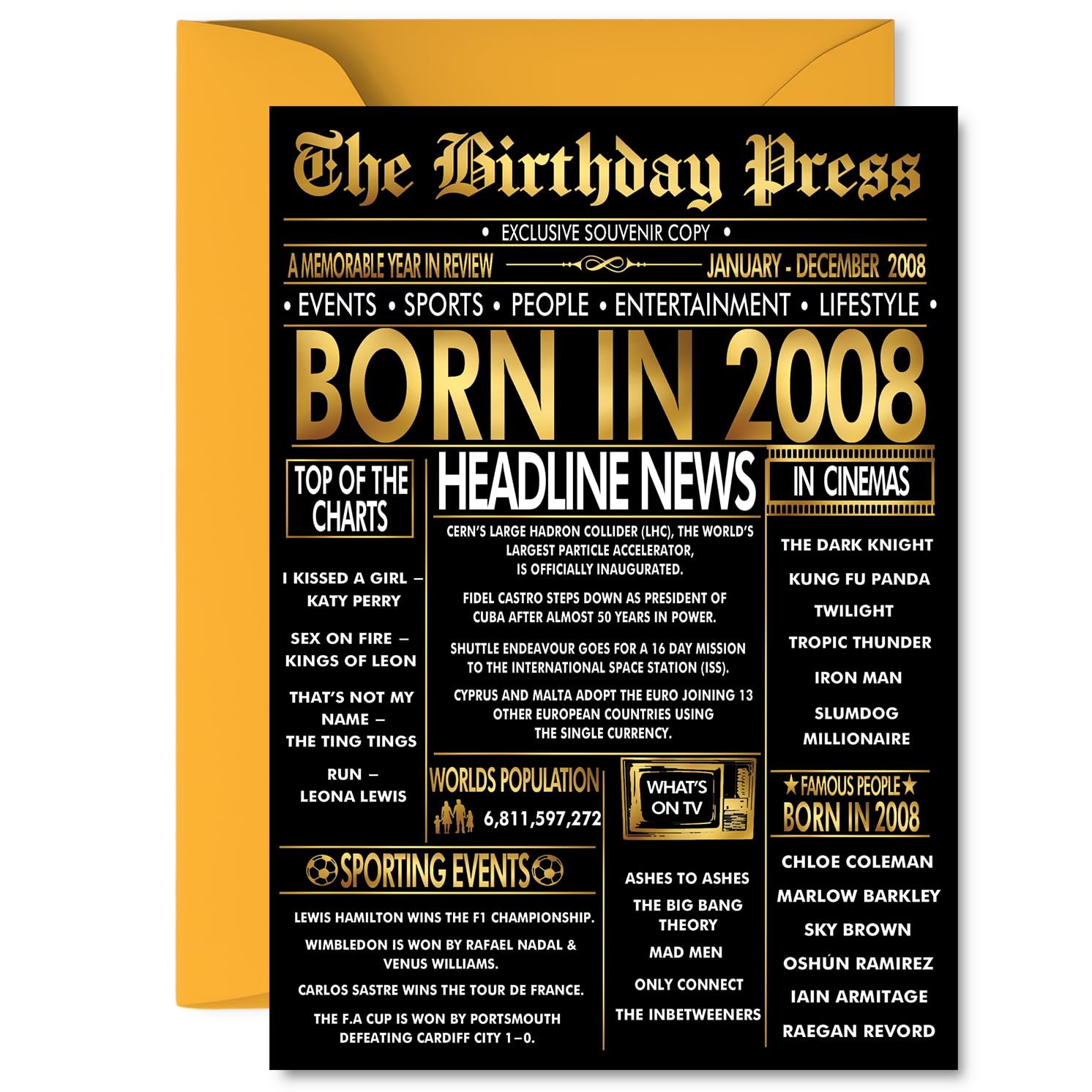 Gold 18th Birthday Card for Boys Girls - Black & Golden Newspaper Born in 2008 - Happy 18 Birthday Cards for Daughter Sister Niece Nephew Grandson Brother, 5x7 Inch Bday Greeting Cards