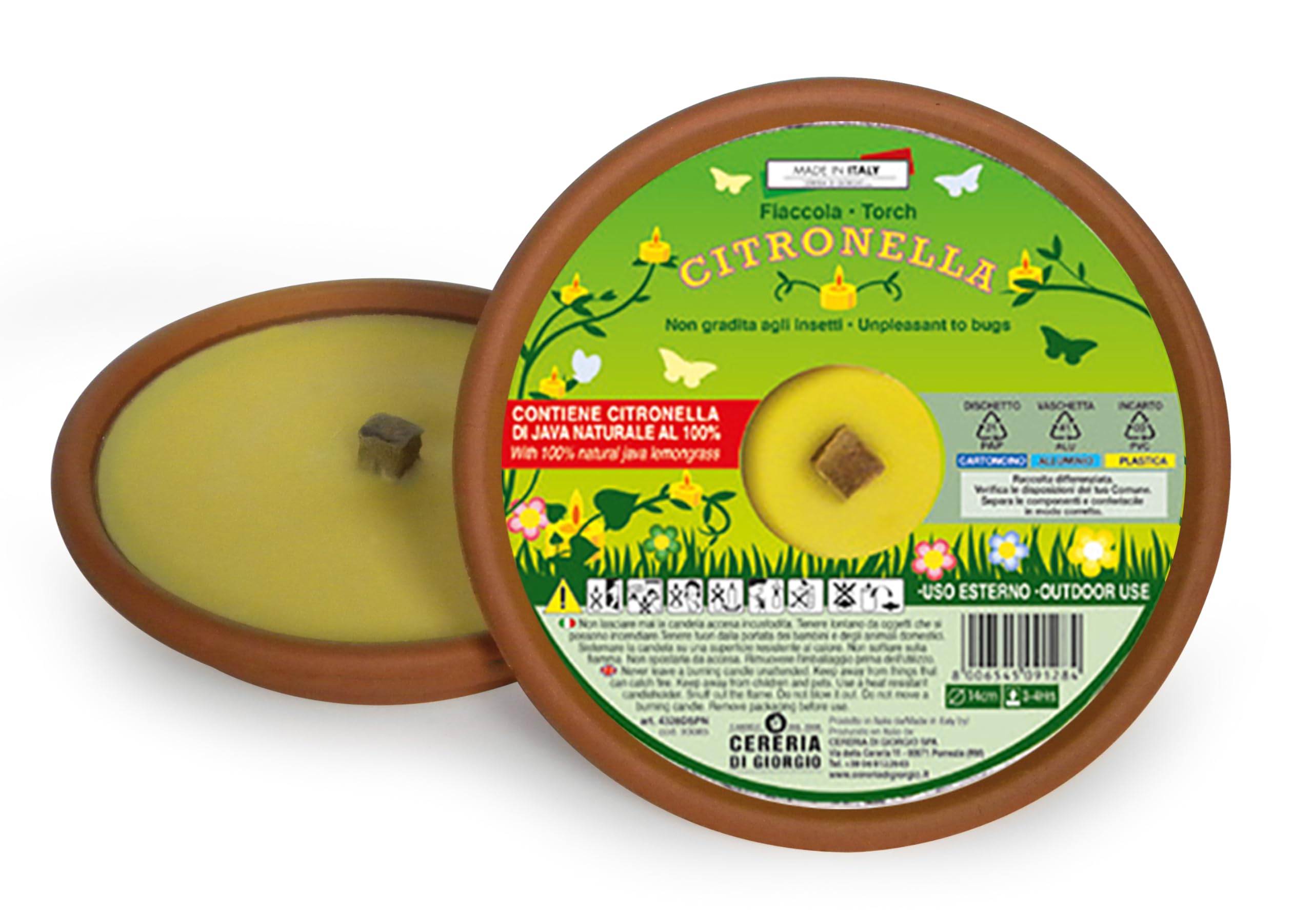 Cereria Di Giorgio - 24 fiaccole in coccio alla Citronella di Java 100% Naturale - Anti zanzare e insetti - Diametro 15,5 cm - Durata 2.5 ore